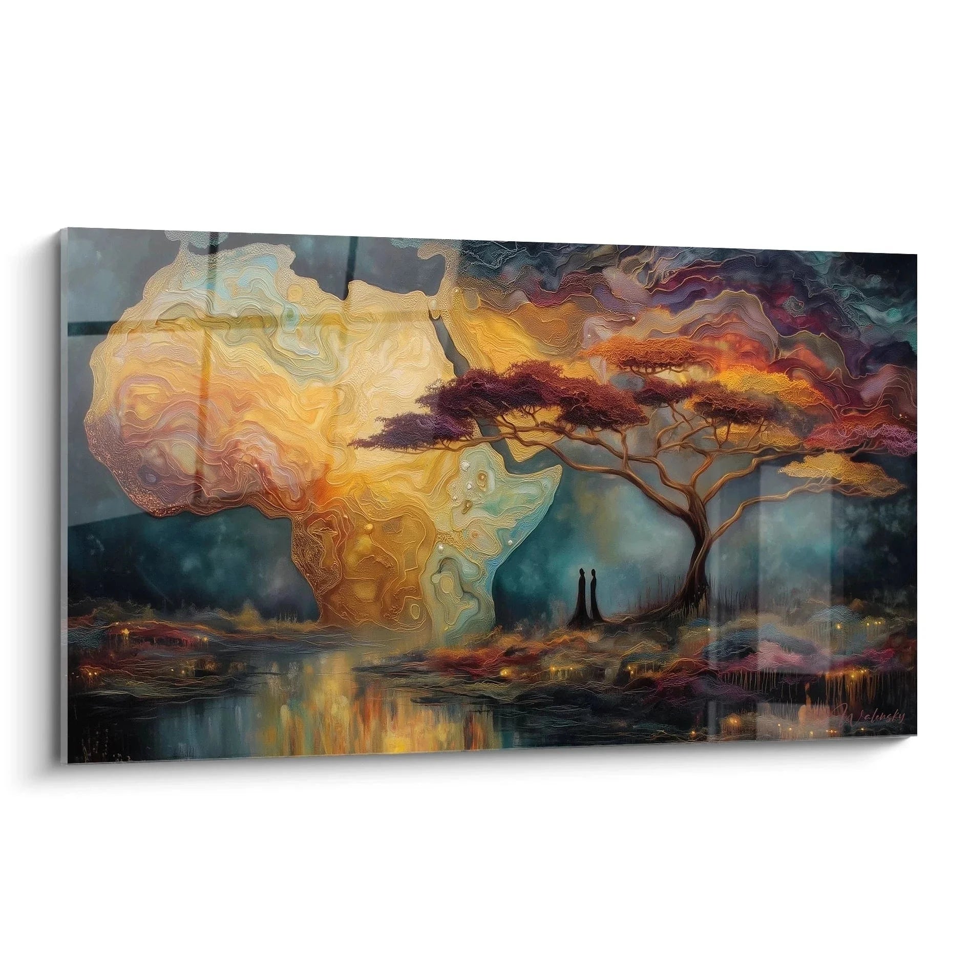 Wandbild afrikanischer Baum mit mystischem Sonnenuntergang in der Savanne, goldene Wolken und Wasserreflexionen