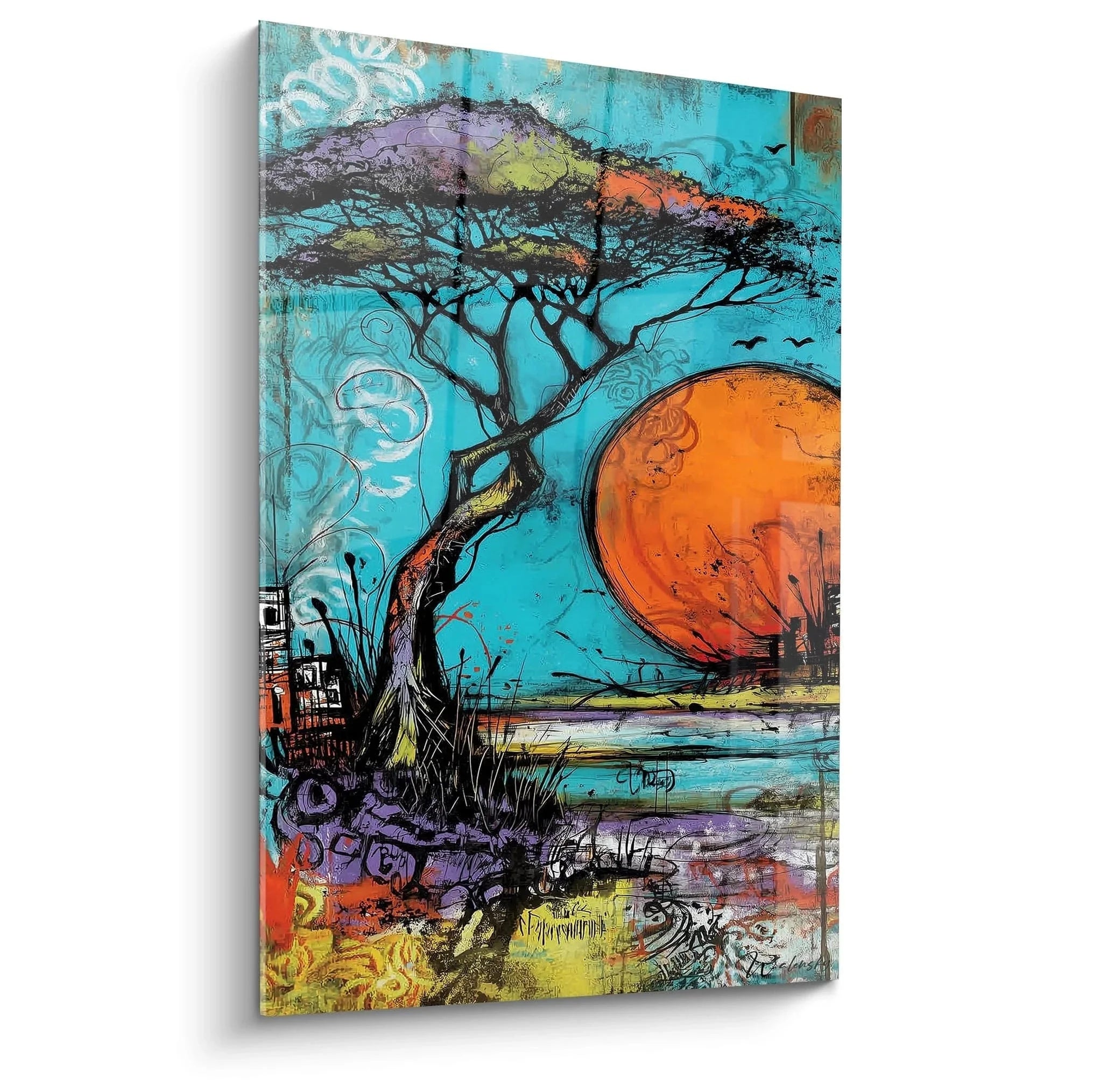 Wandbild afrikanischer Baum vor Sonnenuntergang - Safari Landschaft Kunstdruck in Türkis und Orange Farbtönen