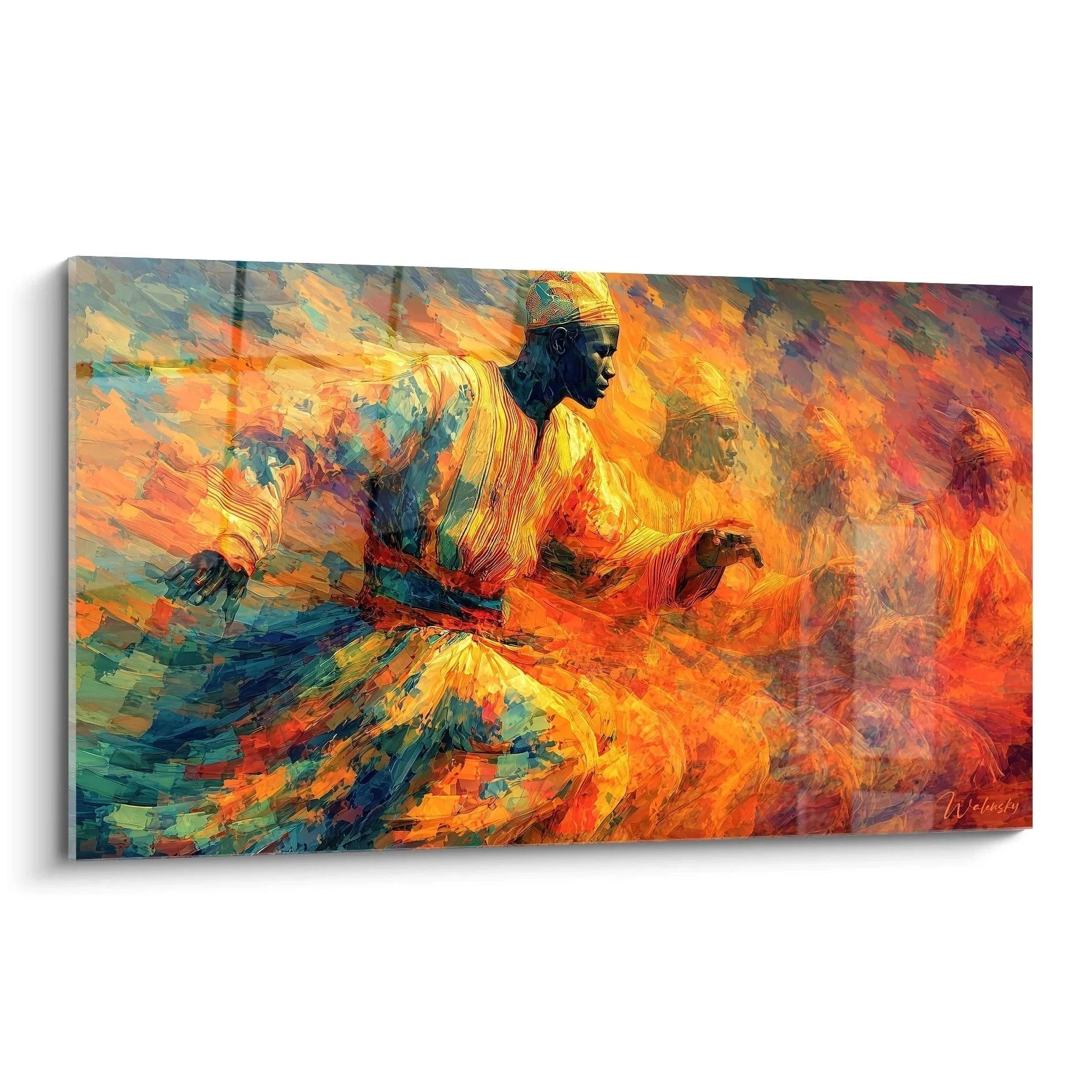 Wandbild Afrikanischer Tänzer in feurigen Farben mit expressionistischen Pinselstrichen und traditionellem Gewand