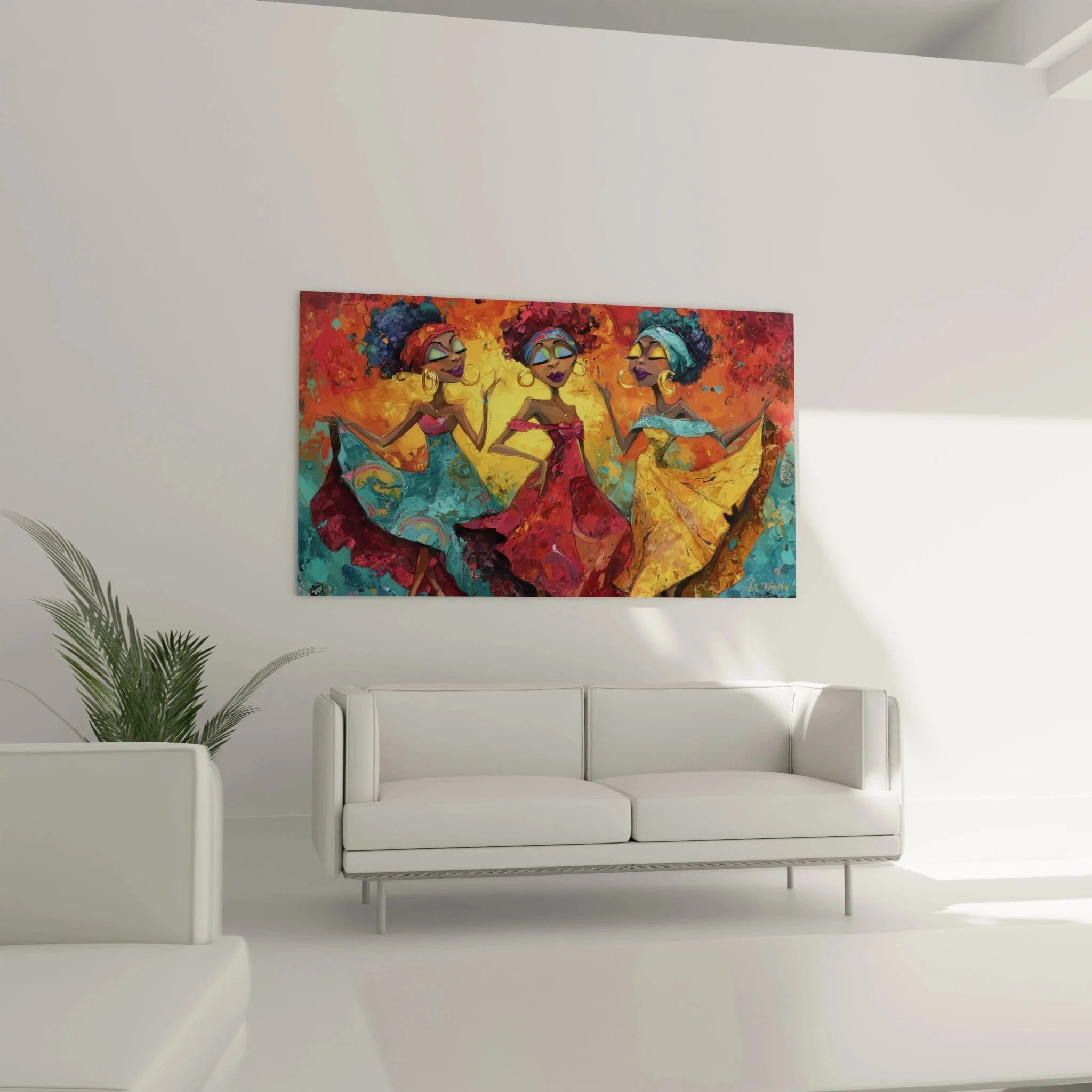Detailansicht Wandbild tanzende afrikanische Frauen bunte Gewänder Türkis Rot Gelb kulturelle Wandkunst