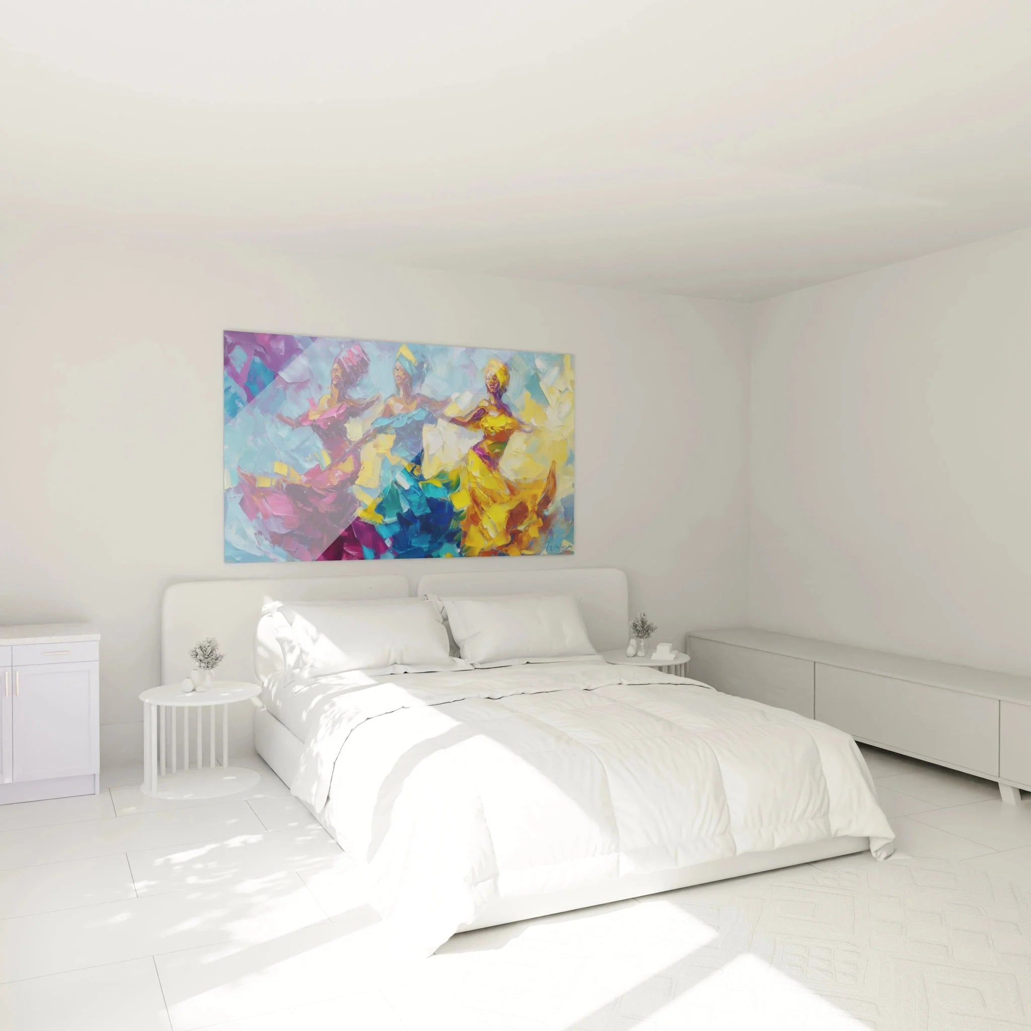 Wandbild Afrikanischer Tanz im Schlafzimmer, drei tanzende Frauen in leuchtenden Farben als Wanddekoration