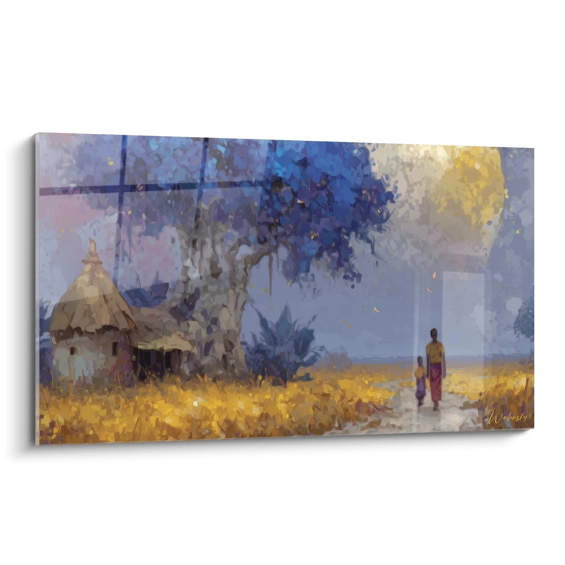 Wandbild afrikanisches Dorf mit Baobab Baum und traditionellen Rundhütten in warmen Erdtönen