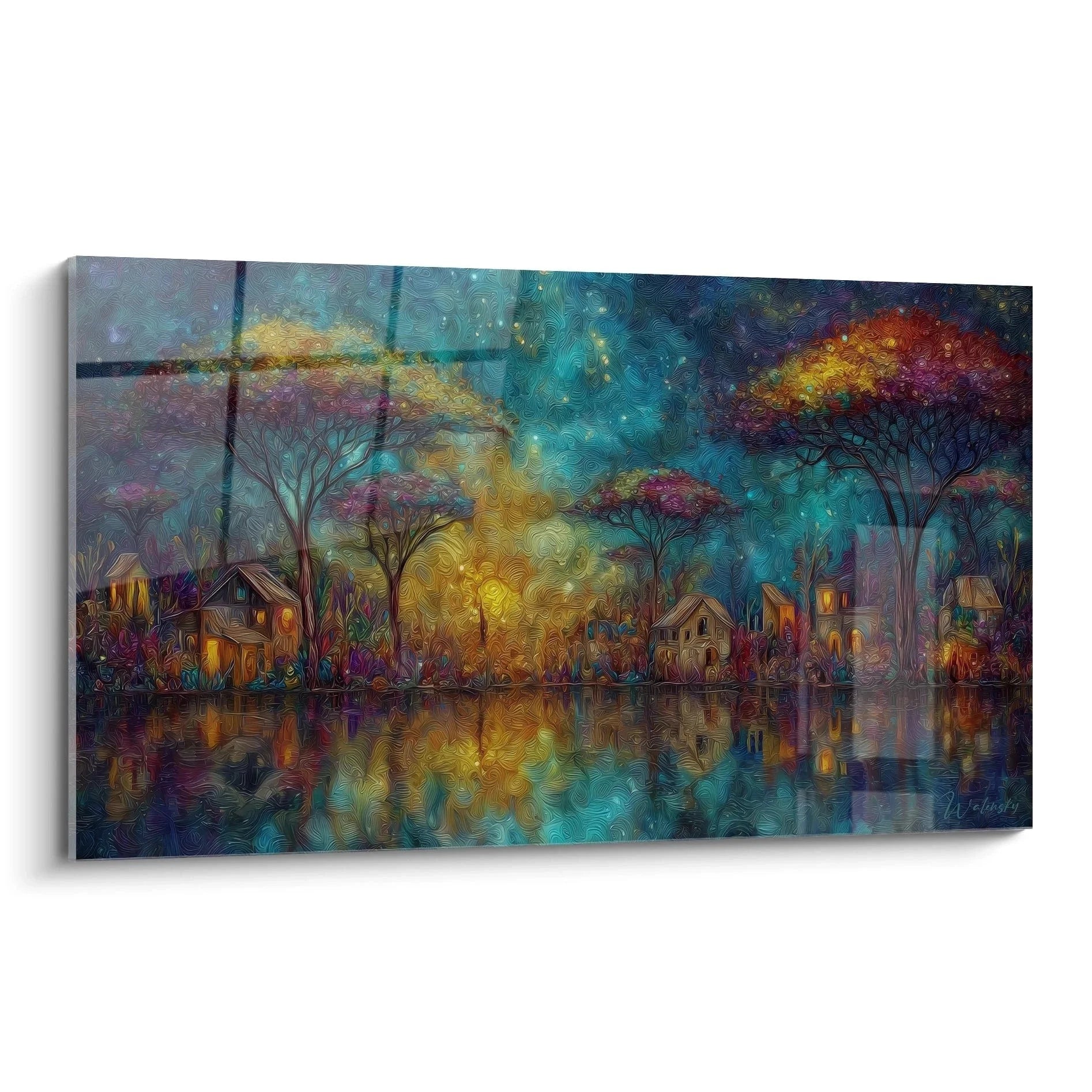 Wandbild afrikanisches Dorf bei Sonnenuntergang mit Wasserspiegelung und Akazienbäumen