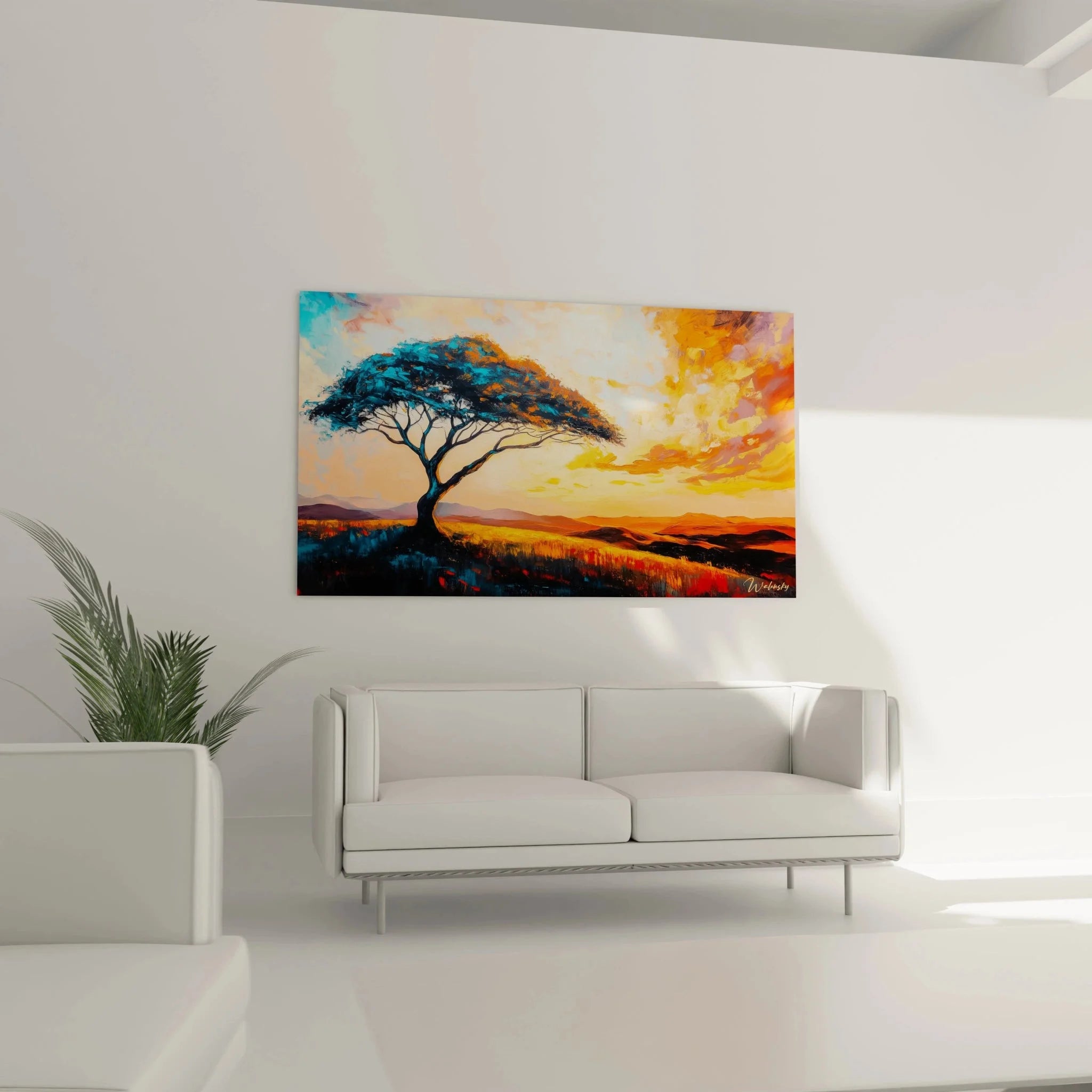 Detailaufnahme Wandbild Akazie - Farbintensive Darstellung der Savanne mit türkisem Laub und Sonnenuntergang