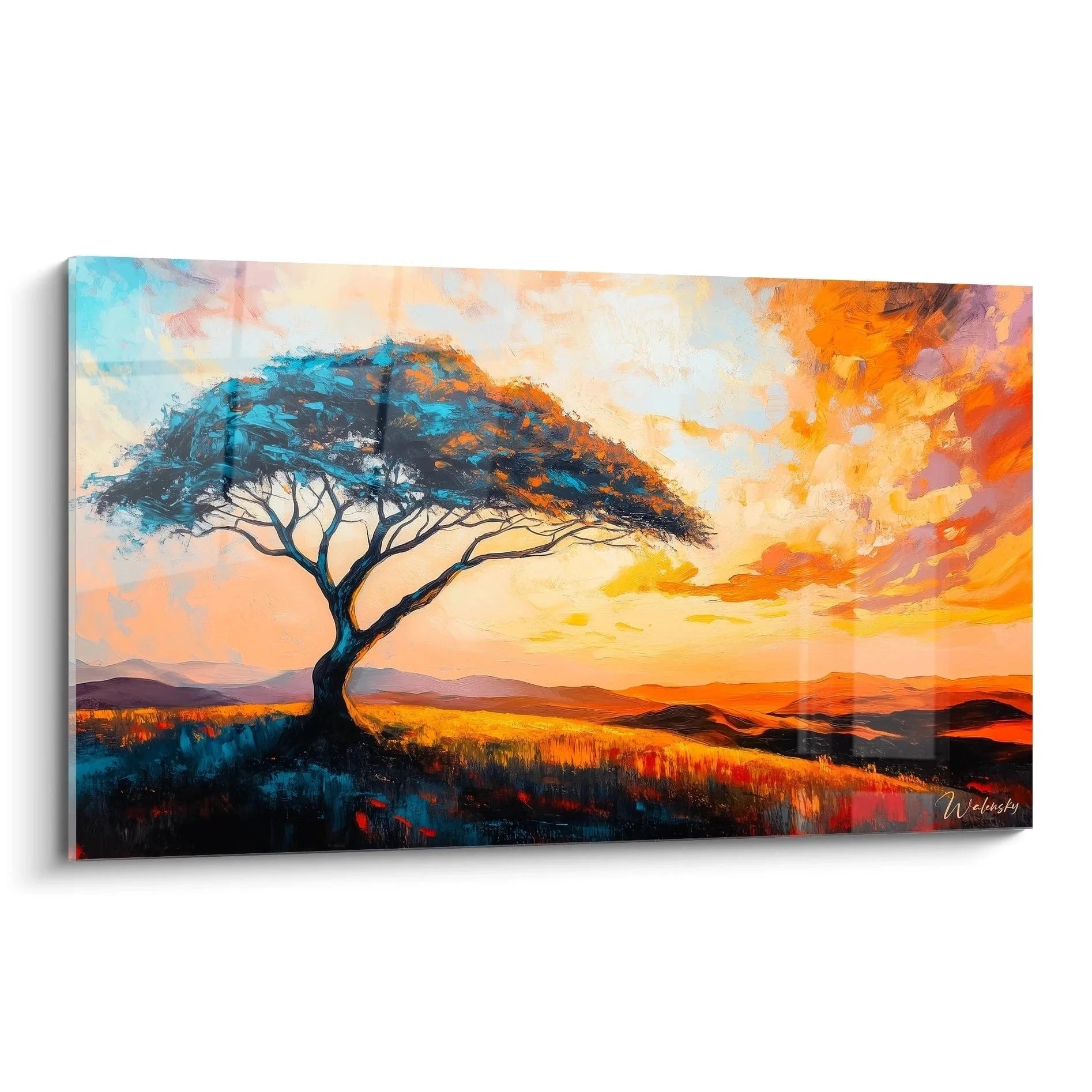 Wandbild Akazie Sonnenuntergang Savanne - Afrikanische Landschaft mit dramatischem Himmel als XXL Wanddekoration