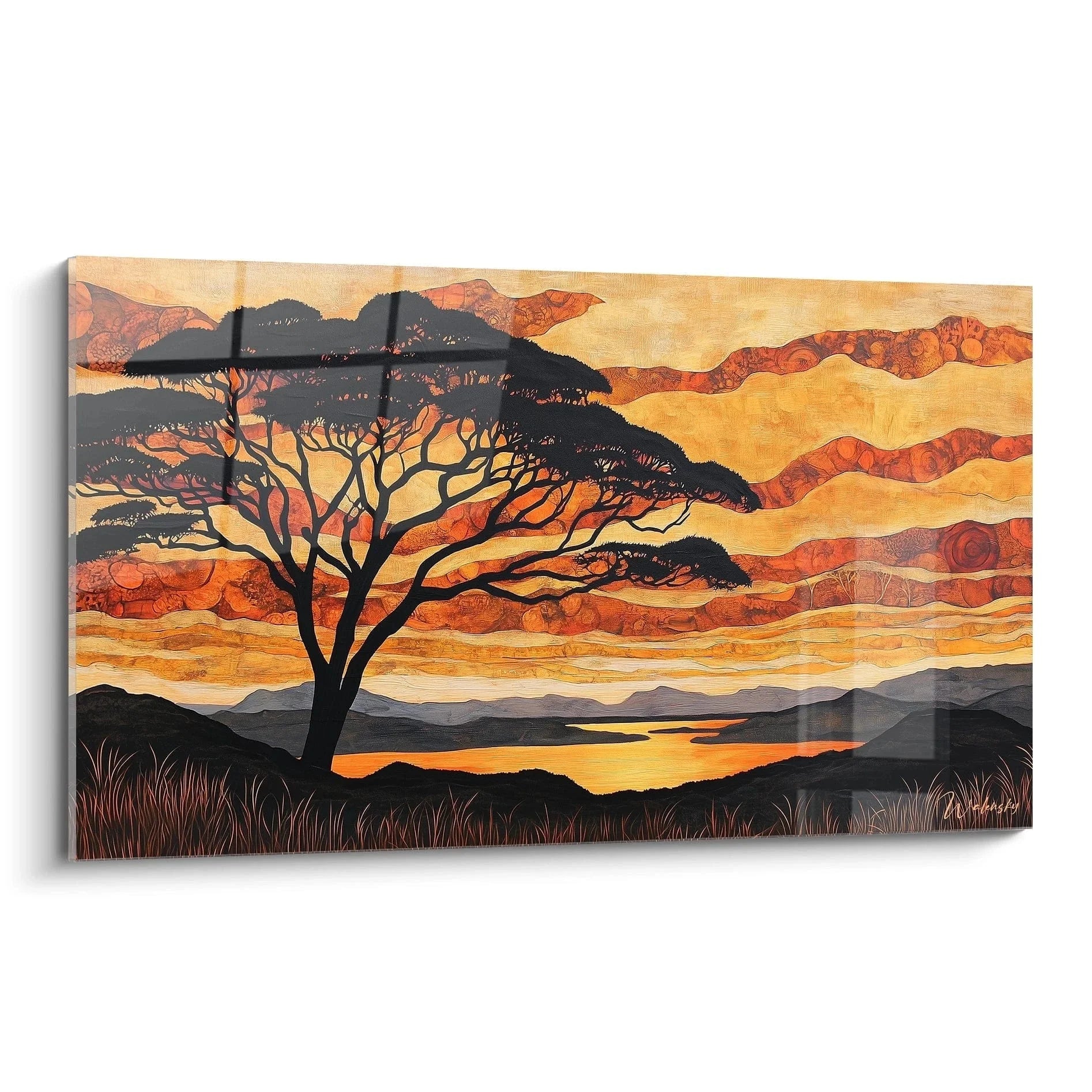 Wandbild Akazienbaum bei Sonnenuntergang in der afrikanischen Savanne mit warmem orangenem Himmel