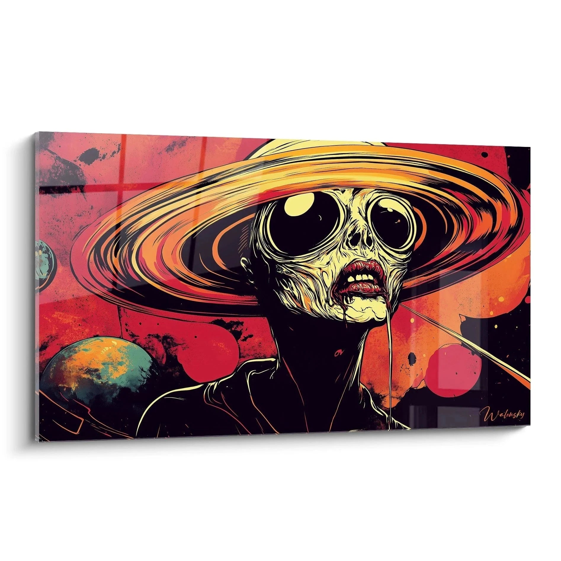 Wandbild Alien Porträt mit kosmischem Energiewirbel in warmen Farbtönen Edition Goya surreale Kunst