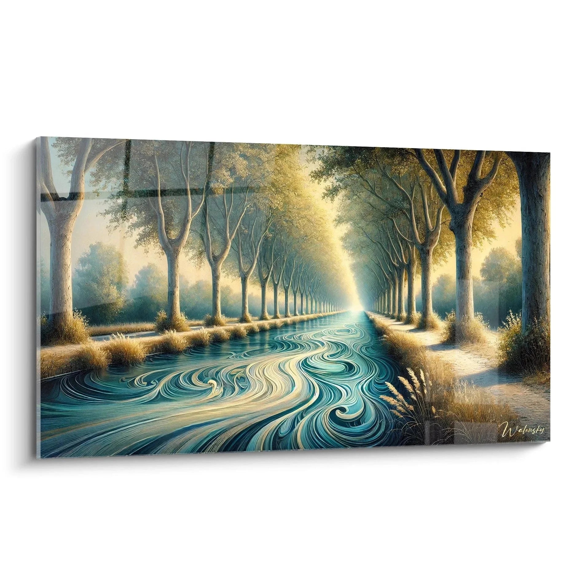 Wandbild französische Allee mit türkisem Wasserlauf und goldenen Bäumen - Premium Wanddekoration