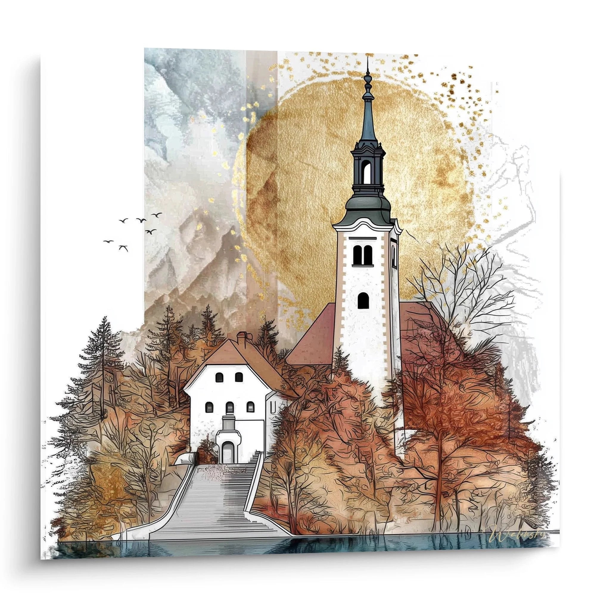 Wandbild Alpenkirche am Bergsee mit Zwiebelturm in herbstlicher Berglandschaft als Wanddeko XXL