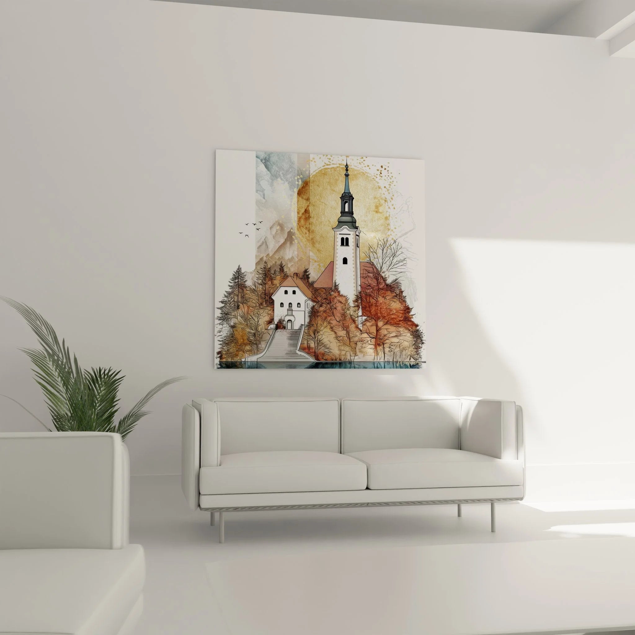 Detailansicht Wandbild Alpenkirche mit Zwiebelturm und goldenen Herbstbäumen am kristallklaren Bergsee