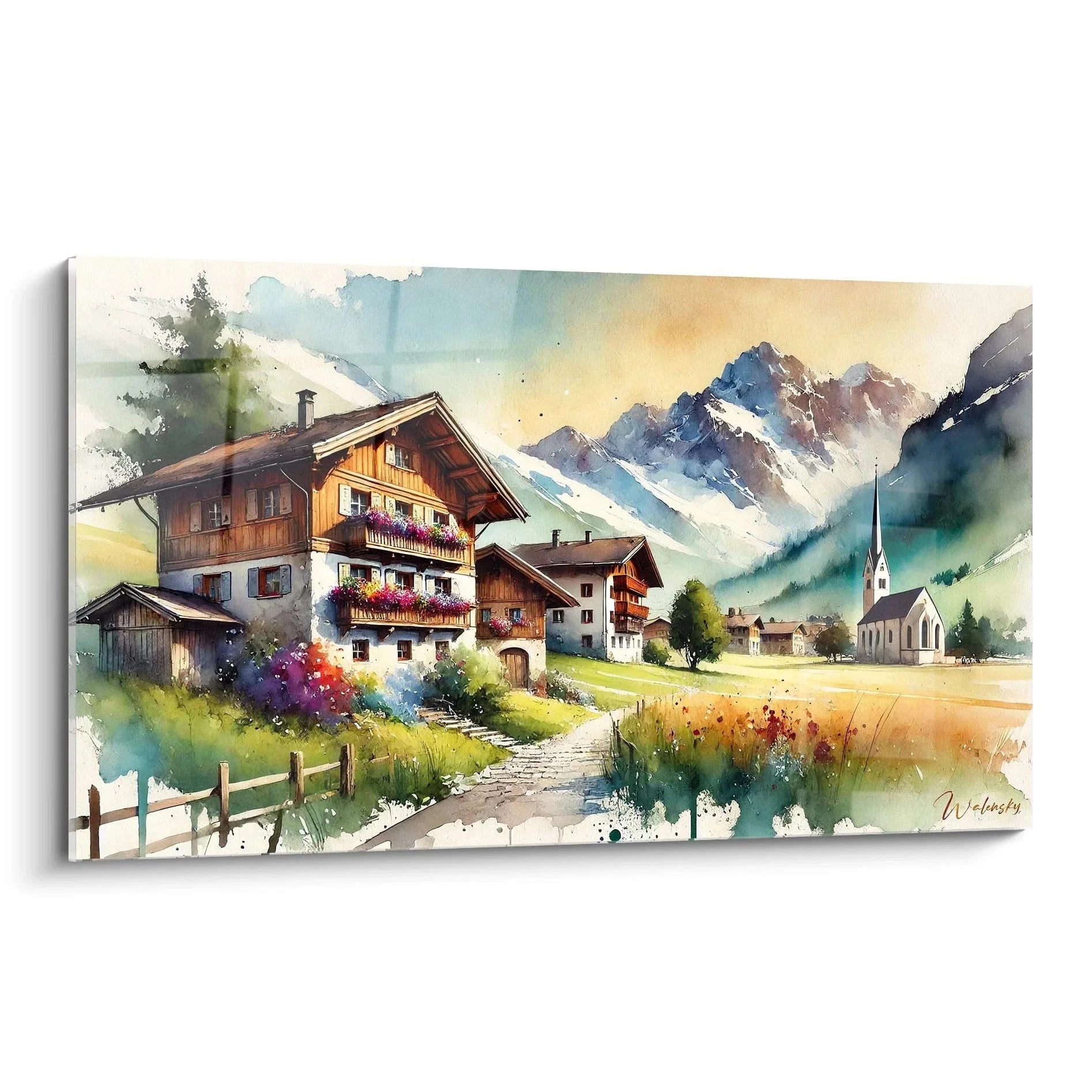 Wandbild französische Alpenlandschaft mit traditionellen Chalets und schneebedeckten Bergen Edition Frankreich