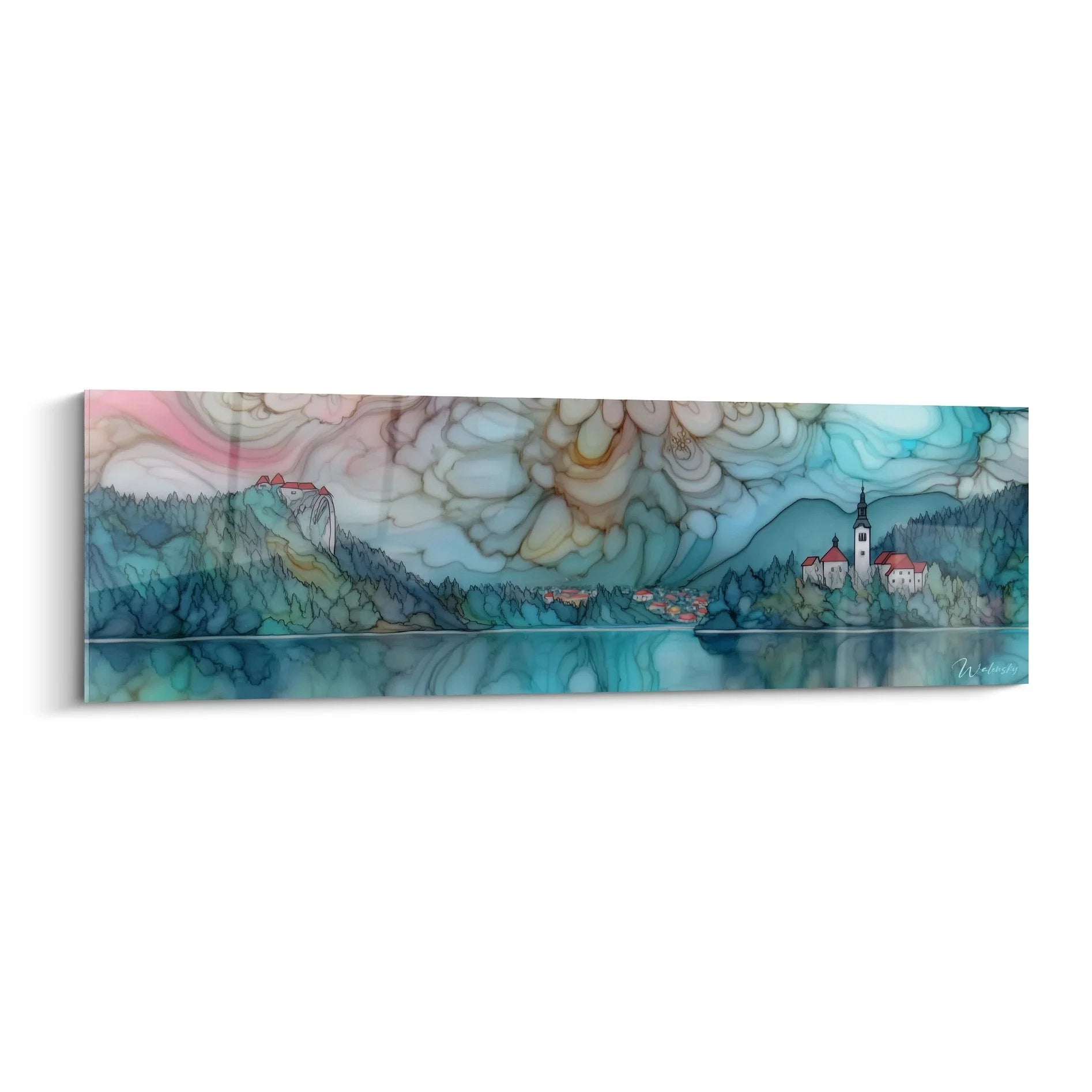 Wandbild Alpensee mit Bergkirche und türkisem Himmel, alpine Landschaftskunst Edition See