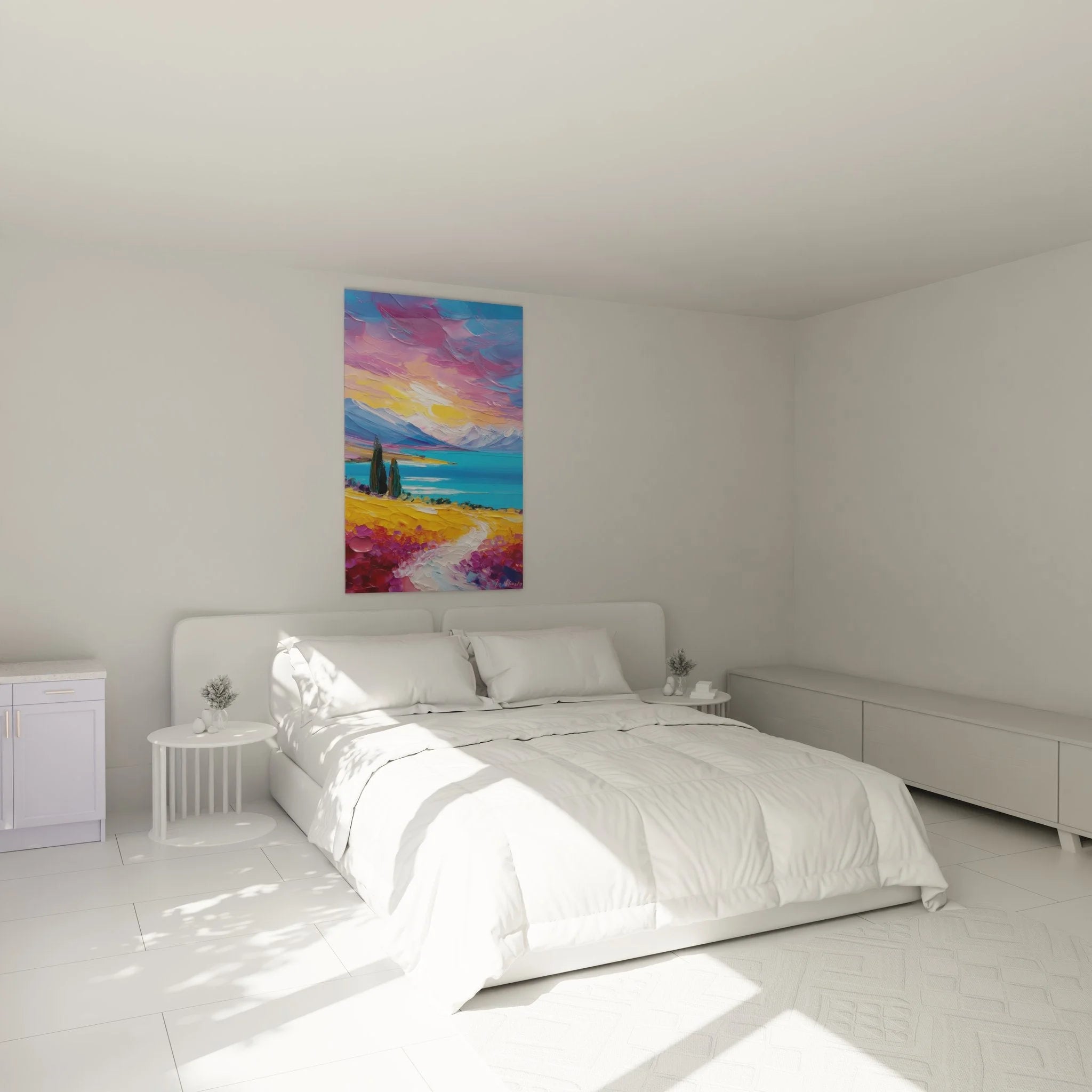 Wandbild Alpensee in Schlafzimmer Ambiente moderne Wanddeko See Berge mediterran