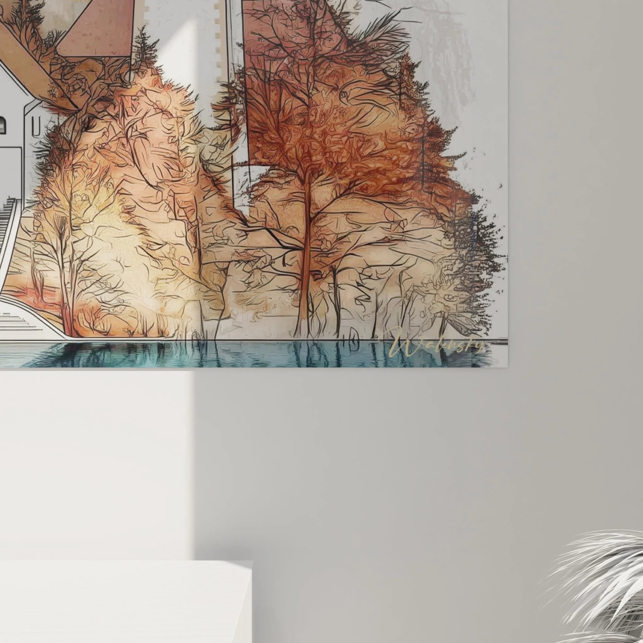 Gesamtansicht Wandbild alpine Berglandschaft mit Kirche am See als XXL Wanddekoration für Wohnzimmer