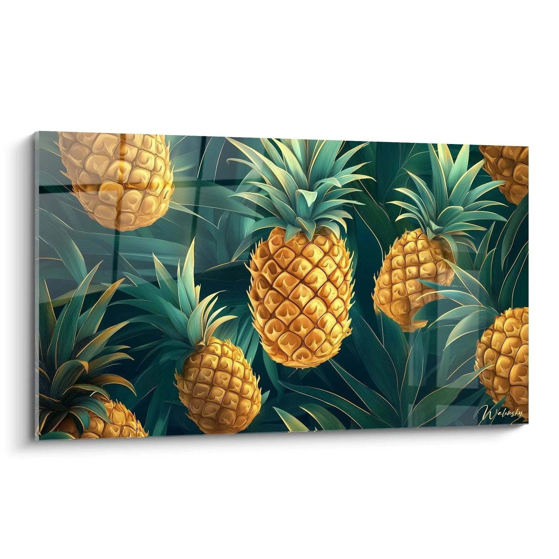 Wandbild Ananas tropisch mit goldenen Früchten und grünen Blättern für Wohnraumdekoration