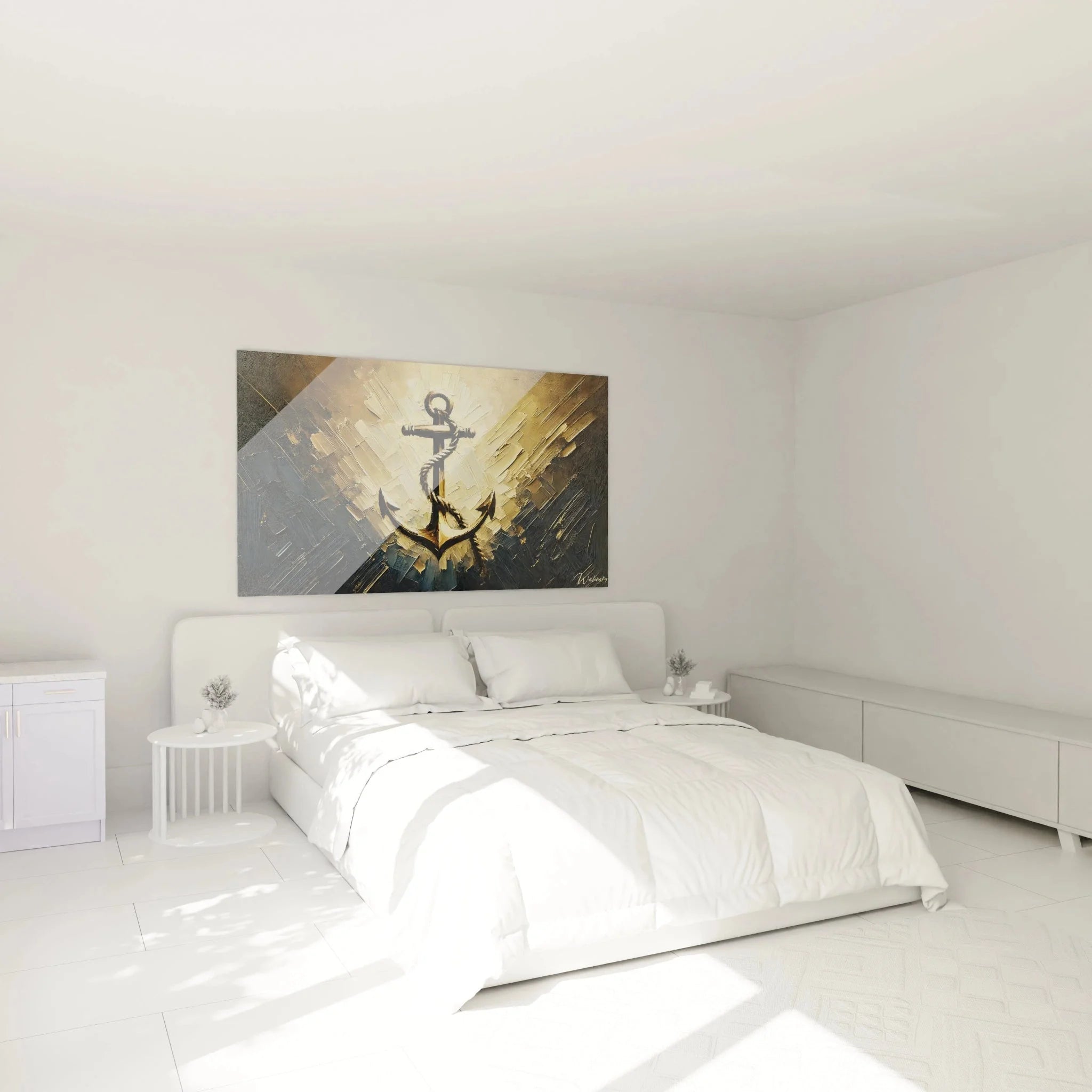 Maritime Wanddekoration Anker in Schlafzimmer-Ambiente - Goldenes Seefahrer-Symbol als Wandbild XXL