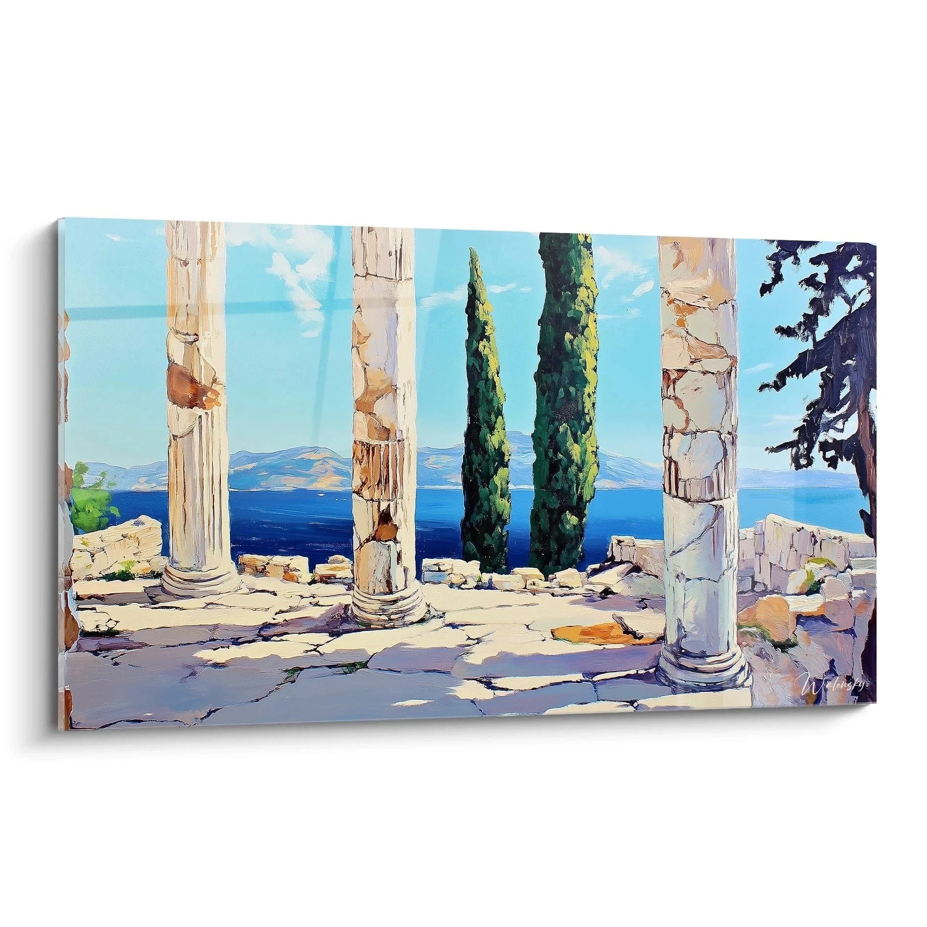 Wandbild antike griechische Ruinen mit dorischen Säulen und Zypressen vor blauem Mittelmeer