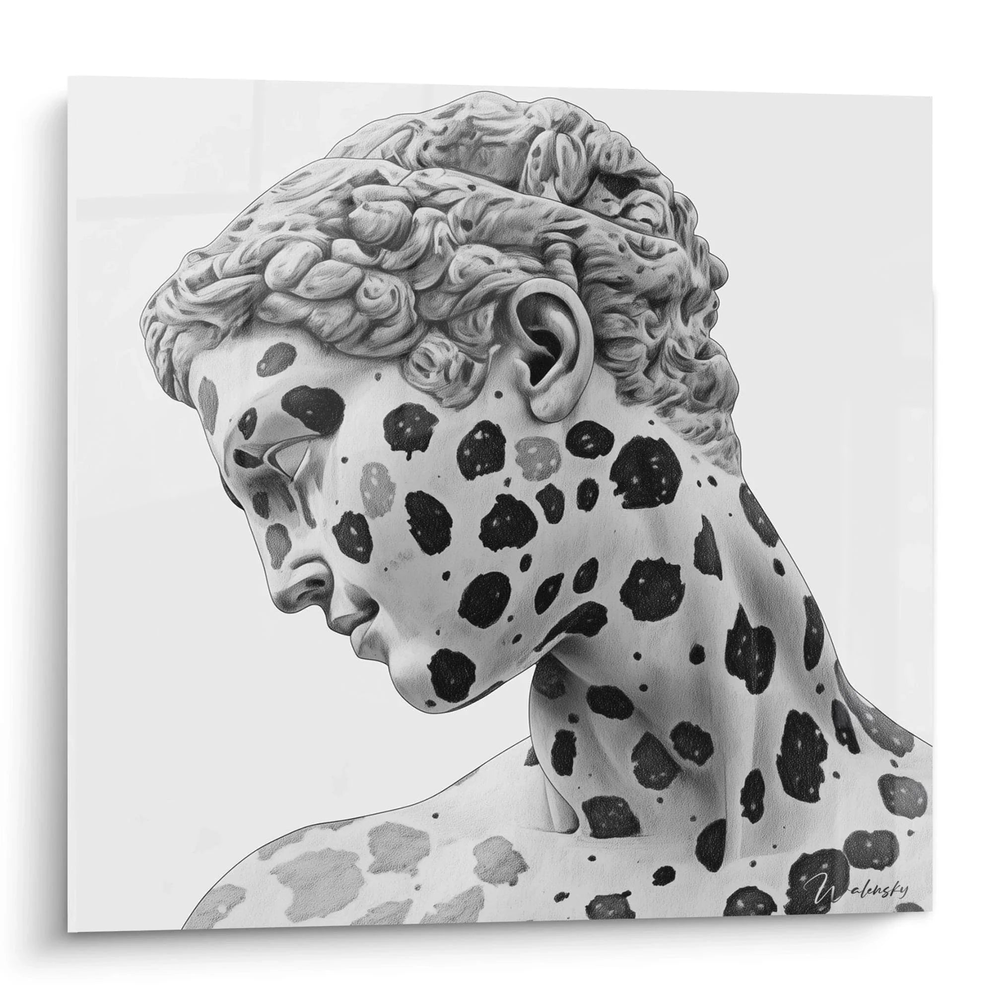Wandbild antike Statue mit schwarzen Flecken, schwarz-weiß Kunstdruck für moderne Wandgestaltung