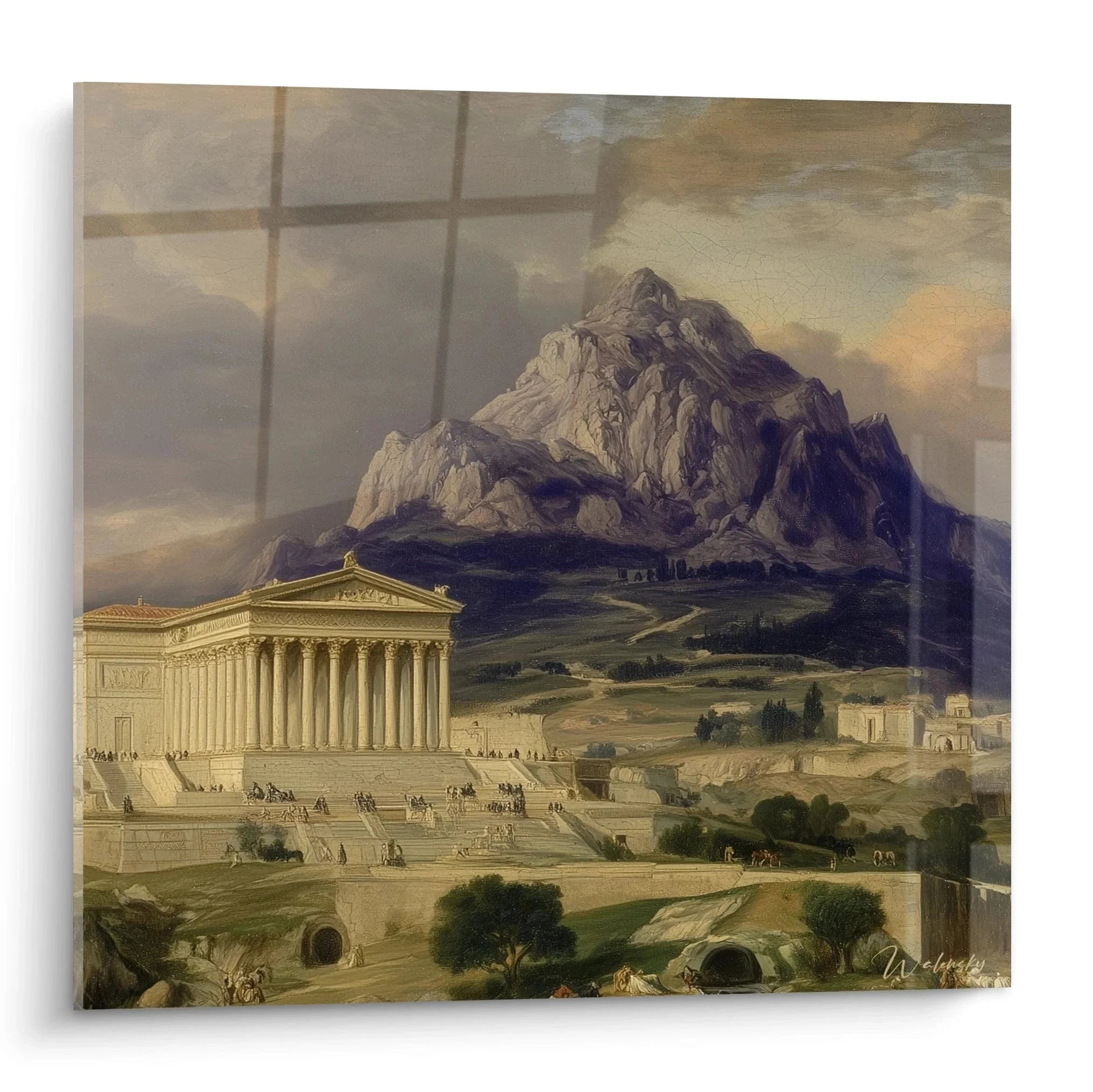Wandbild antiker griechischer Tempel mit dorischen Säulen vor dramatischer Berglandschaft im neoklassischen Stil