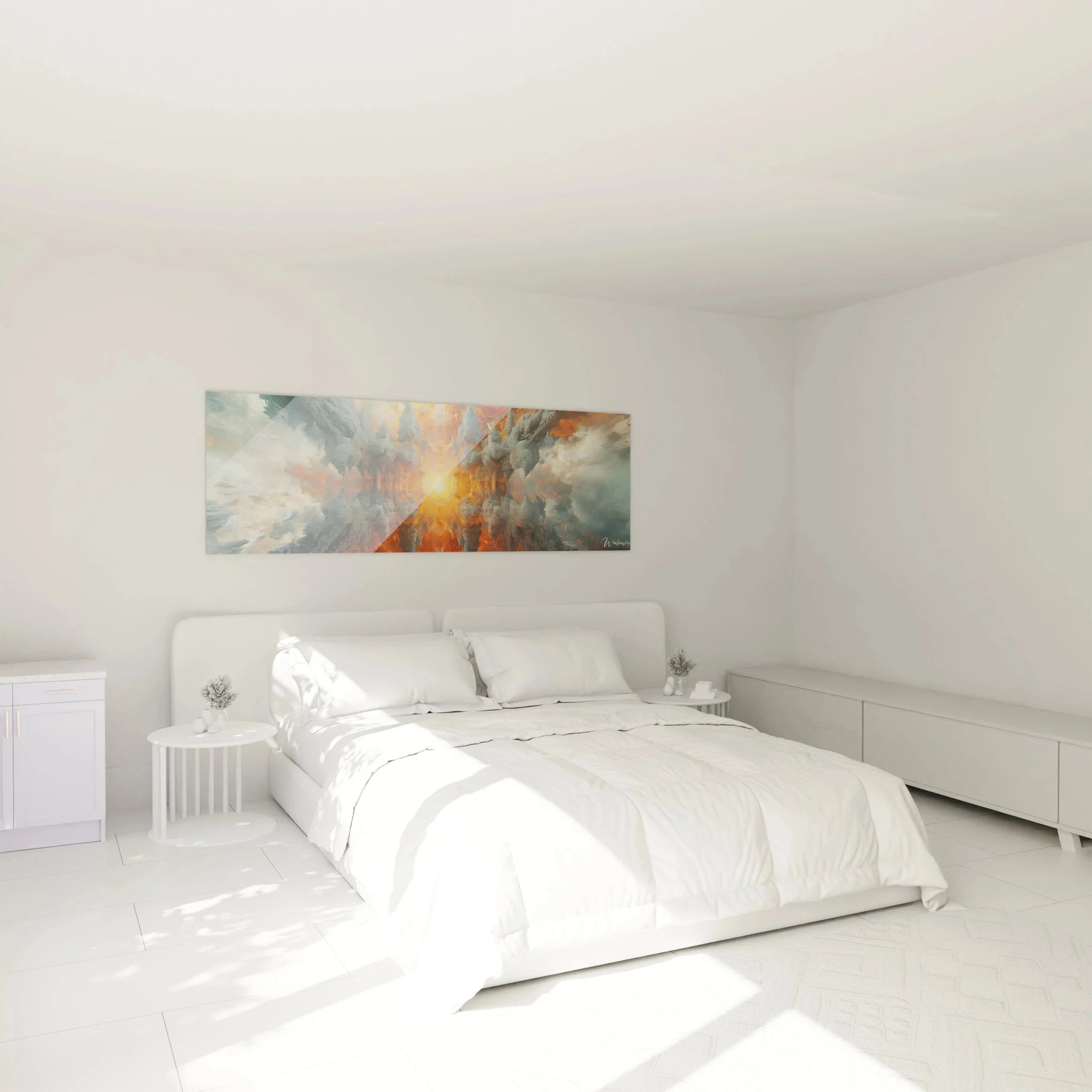 Wandbild apokalyptische Szene futuristisch in modernem Schlafzimmer mit warmer Beleuchtung