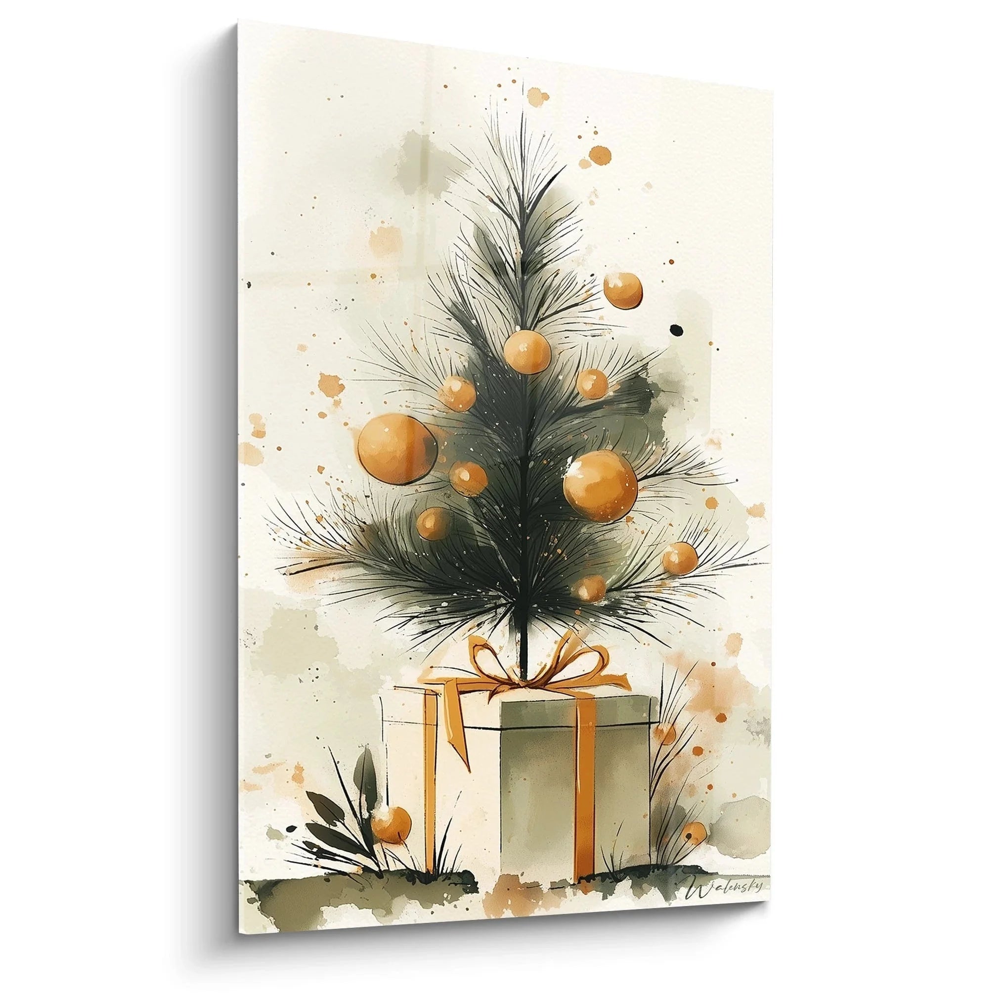 Wandbild Aquarell Weihnachtsbaum mit goldenen Kugeln und Geschenken im modernen Stil