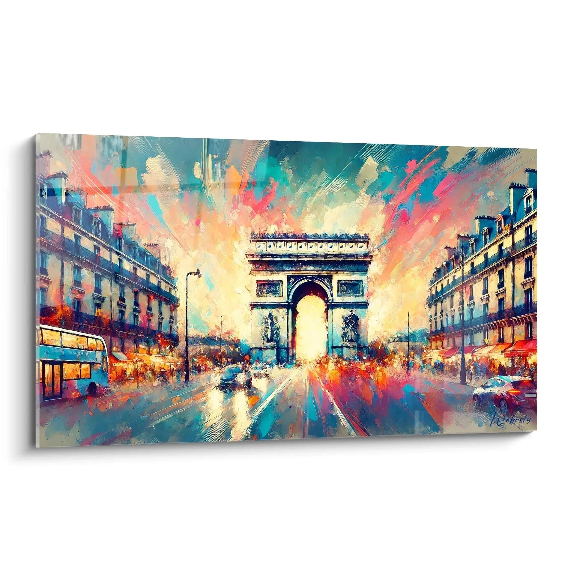 Wandbild Arc de Triomphe Paris mit dynamischen Farben und Champs-Élysées Stadtansicht als Kunstdruck