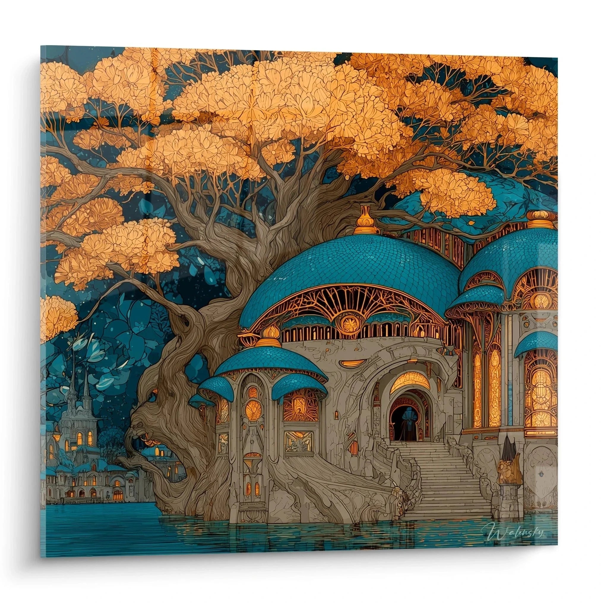 Wandbild Architektur Jugendstil mit goldenen Baum und blauen Kuppeln in orientalischem Palast