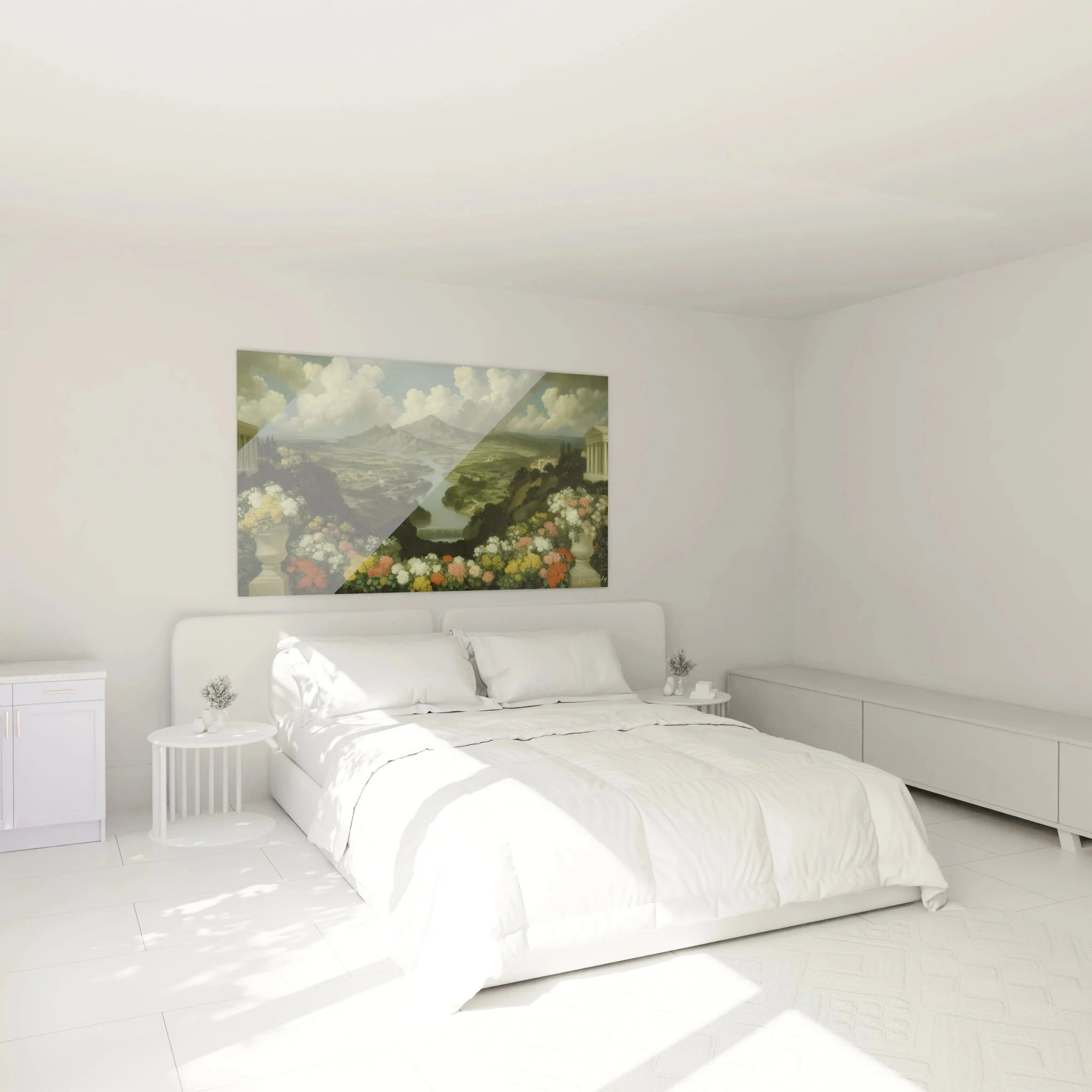Wandbild XXL arkadische Landschaft in Schlafzimmer Ambiente mit klassischen Säulen und Blumen