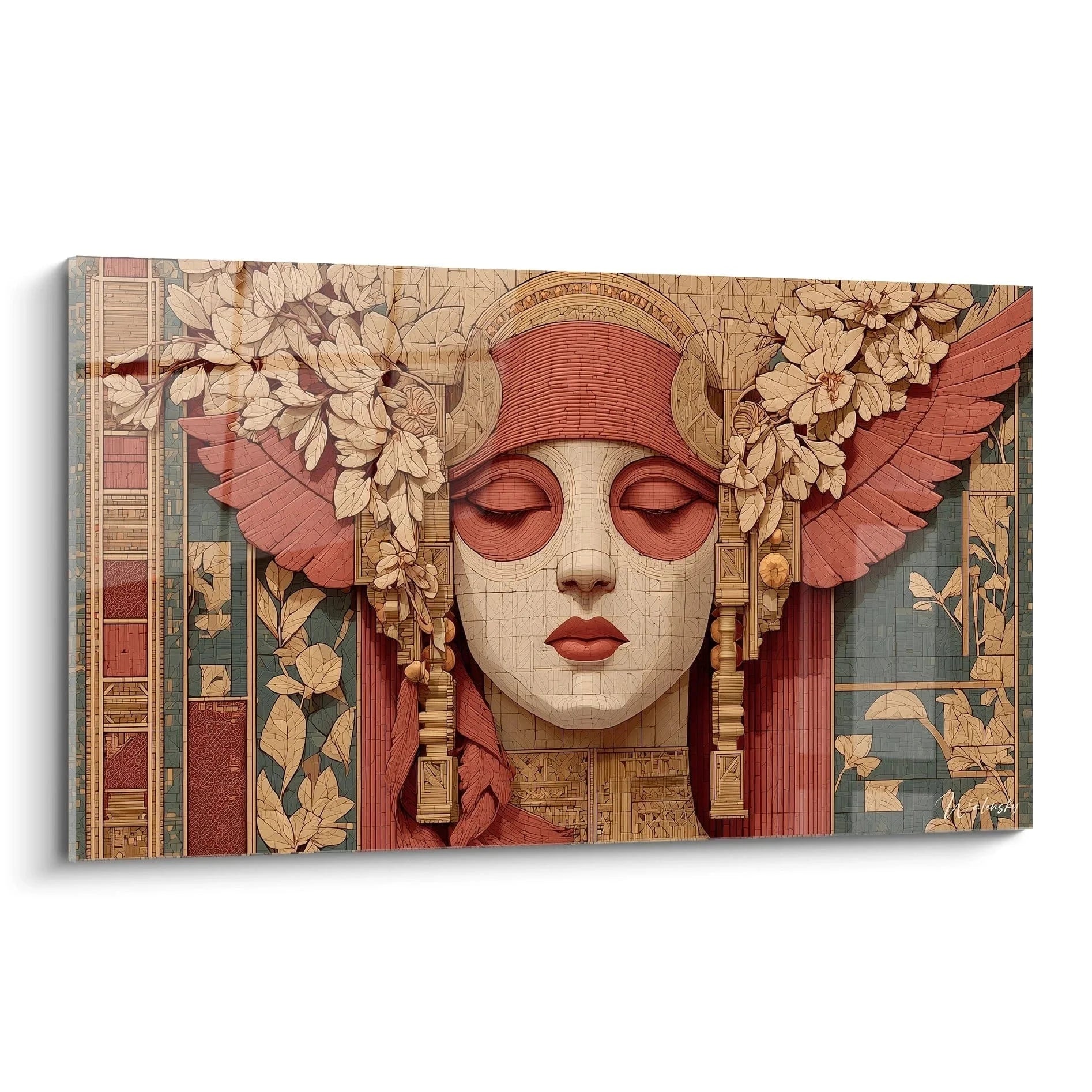 Wandbild Art Deco Dame mit goldenen Flügeln und Blumenschmuck im Jugendstil Design