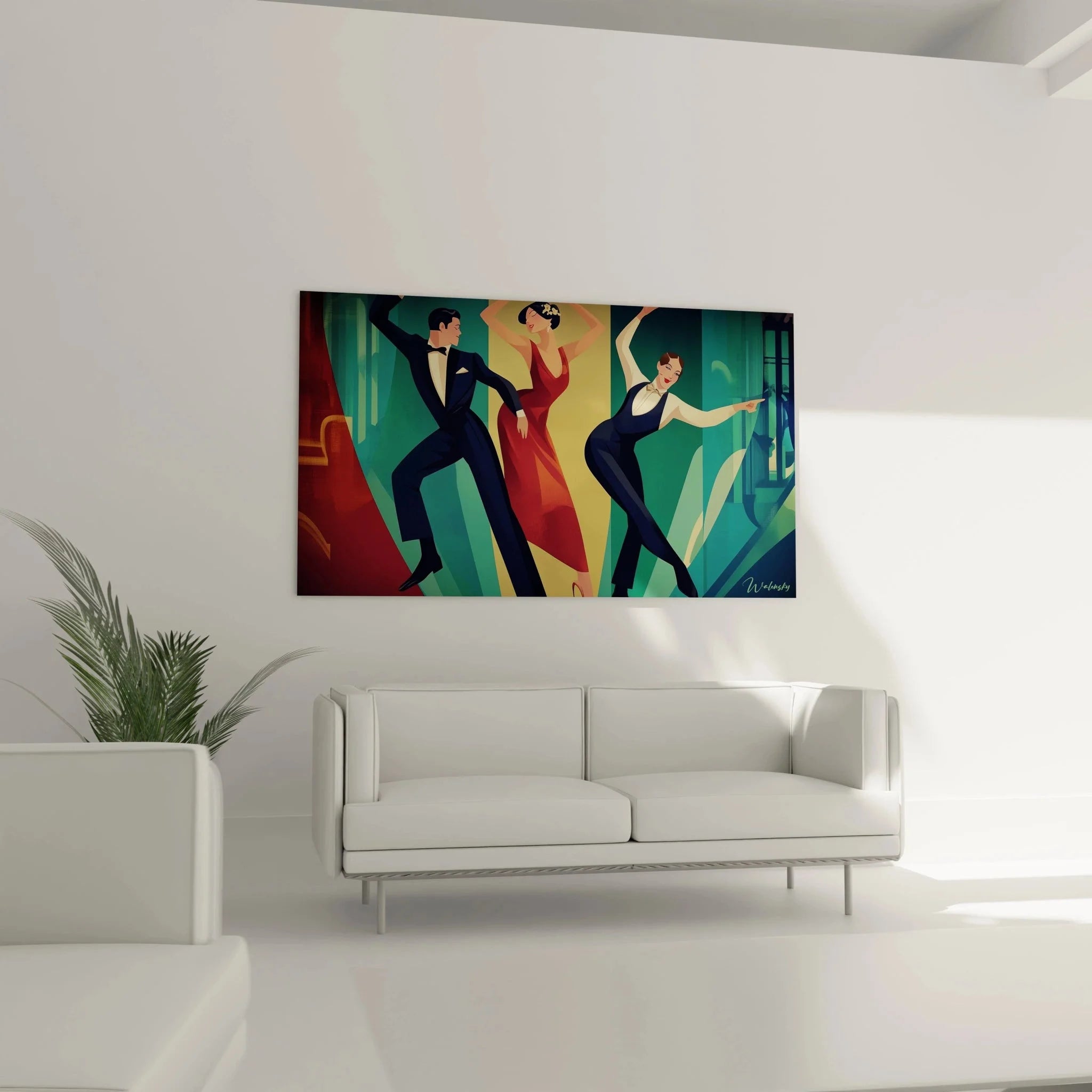 Detailaufnahme des Art Deco Wandbildes mit geometrischen Formen und Farbverläufen