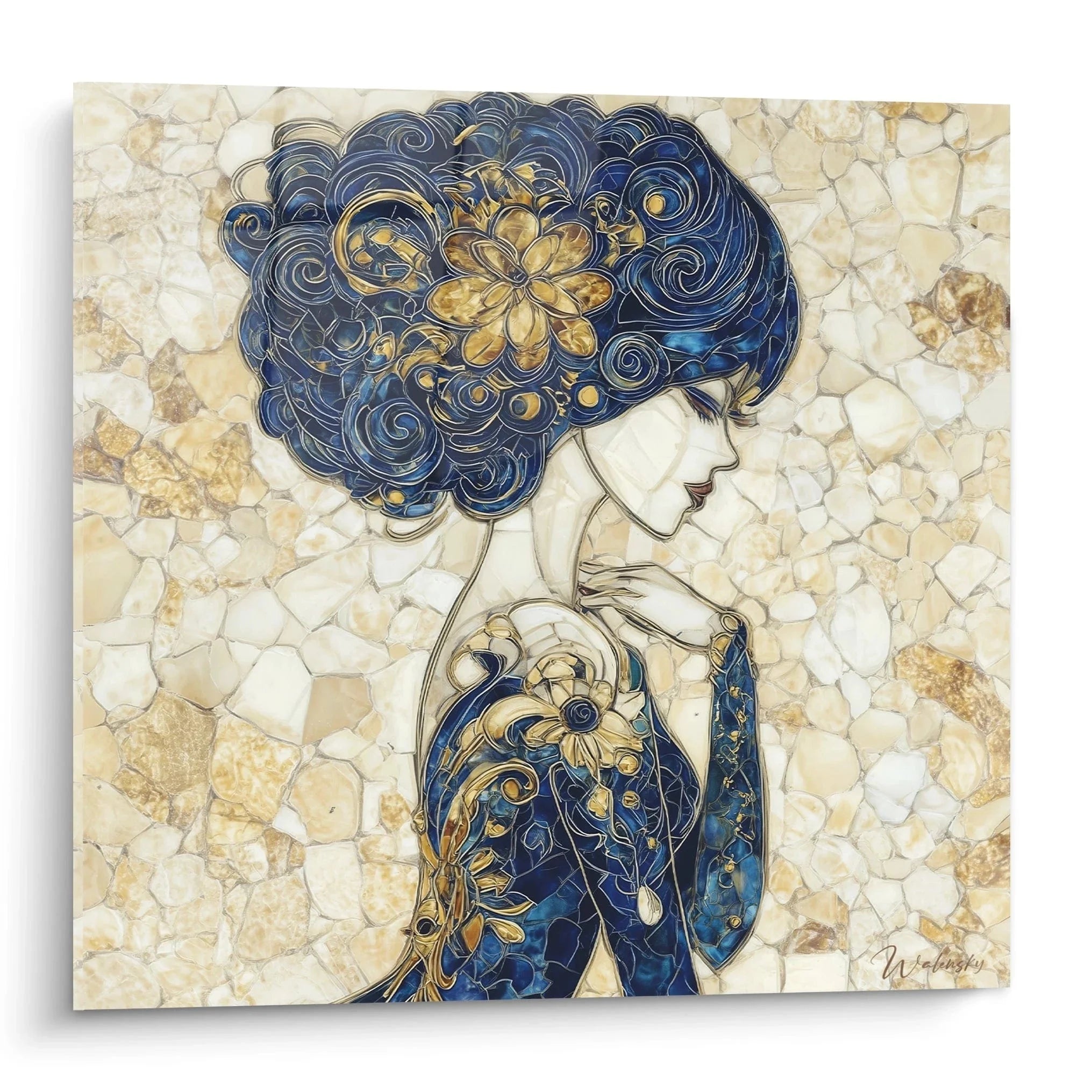 Wandbild Art Nouveau Frau mit ornamentalen blauen Haaren und goldenen Blütenmotiven im Jugendstil
