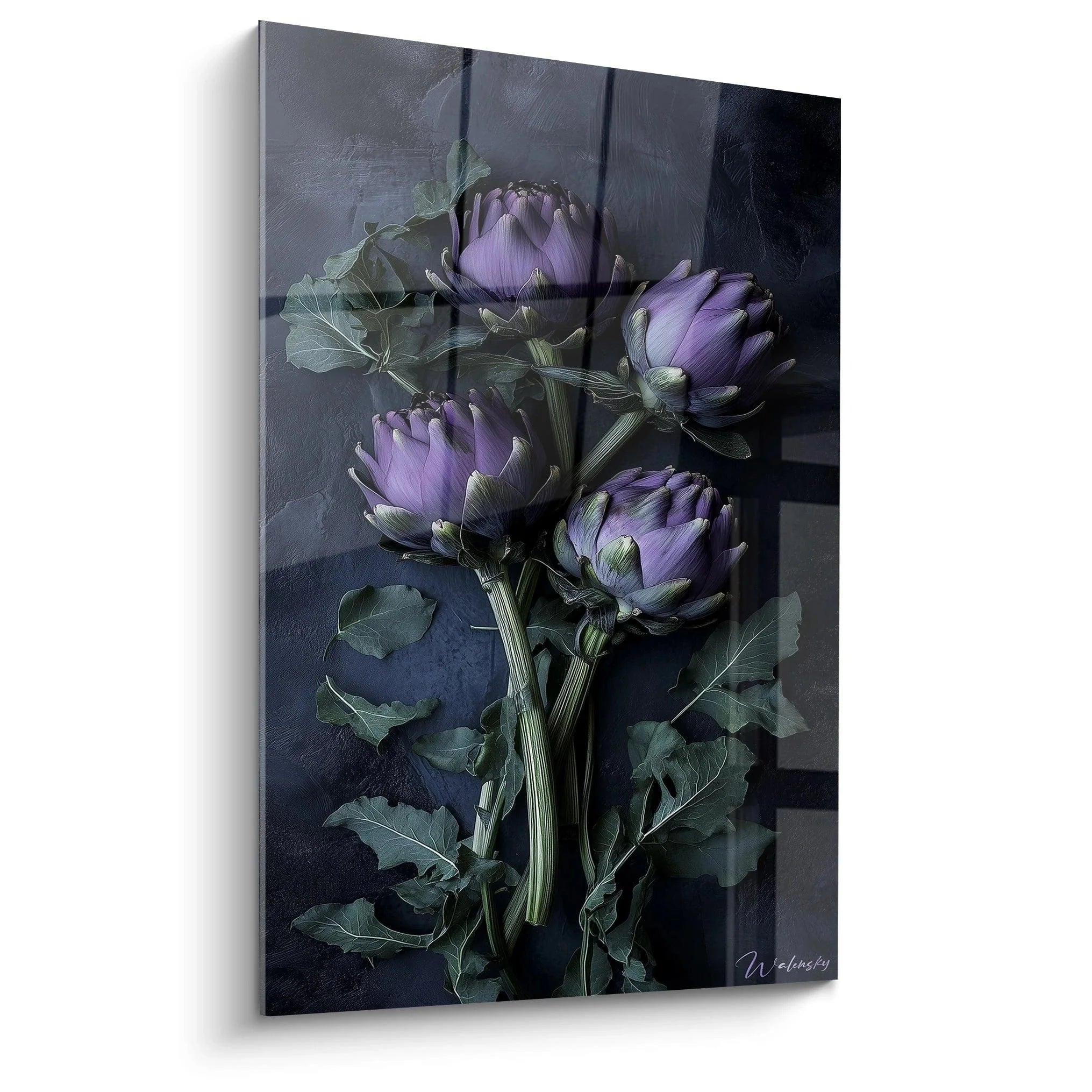 Wandbild violette Artischocken auf dunkelblauem Hintergrund, Premium Küchendekoration mediterran