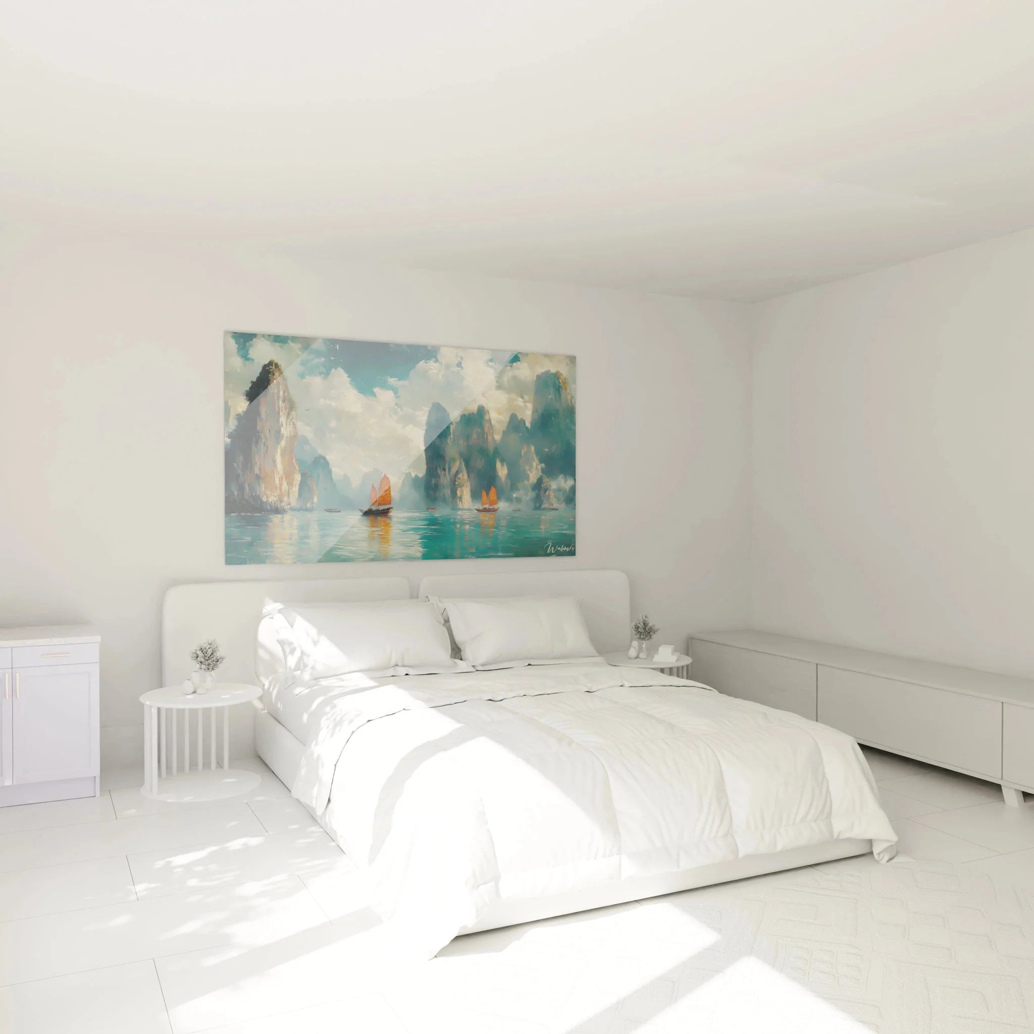 Wandbild asiatische Dschunken Karstlandschaft als stilvolle Wanddekoration im modernen Schlafzimmer