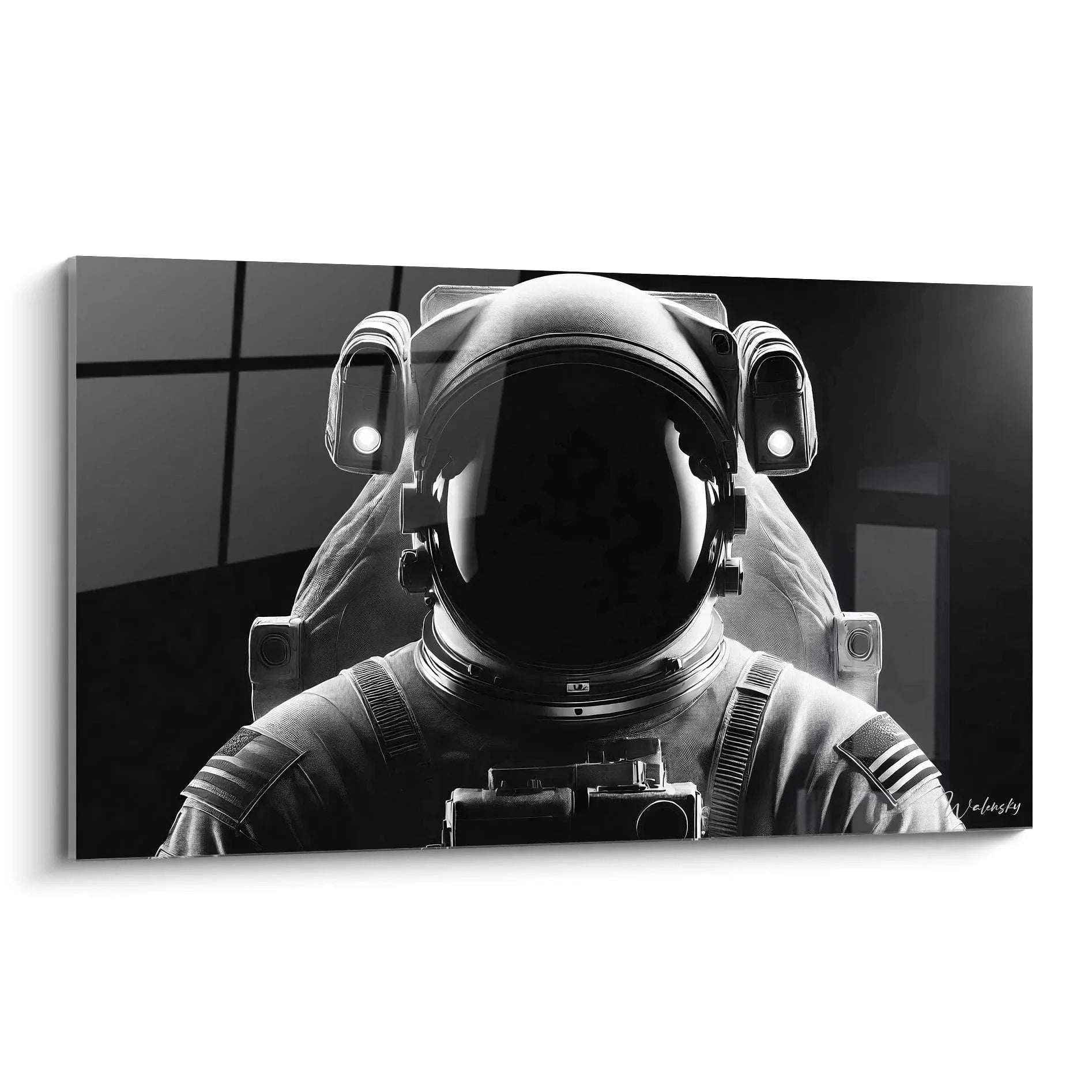 Wandbild Astronaut Schwarz-Weiß mit reflektierendem Helm und detailliertem Raumanzug Design