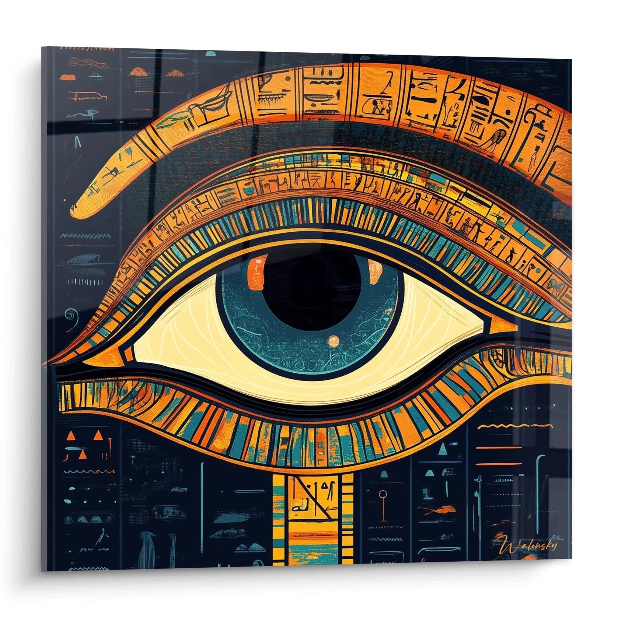 Wandbild Auge des Horus mit ägyptischen Hieroglyphen in Gold und Blau - Edition Ägypten Wandkunst
