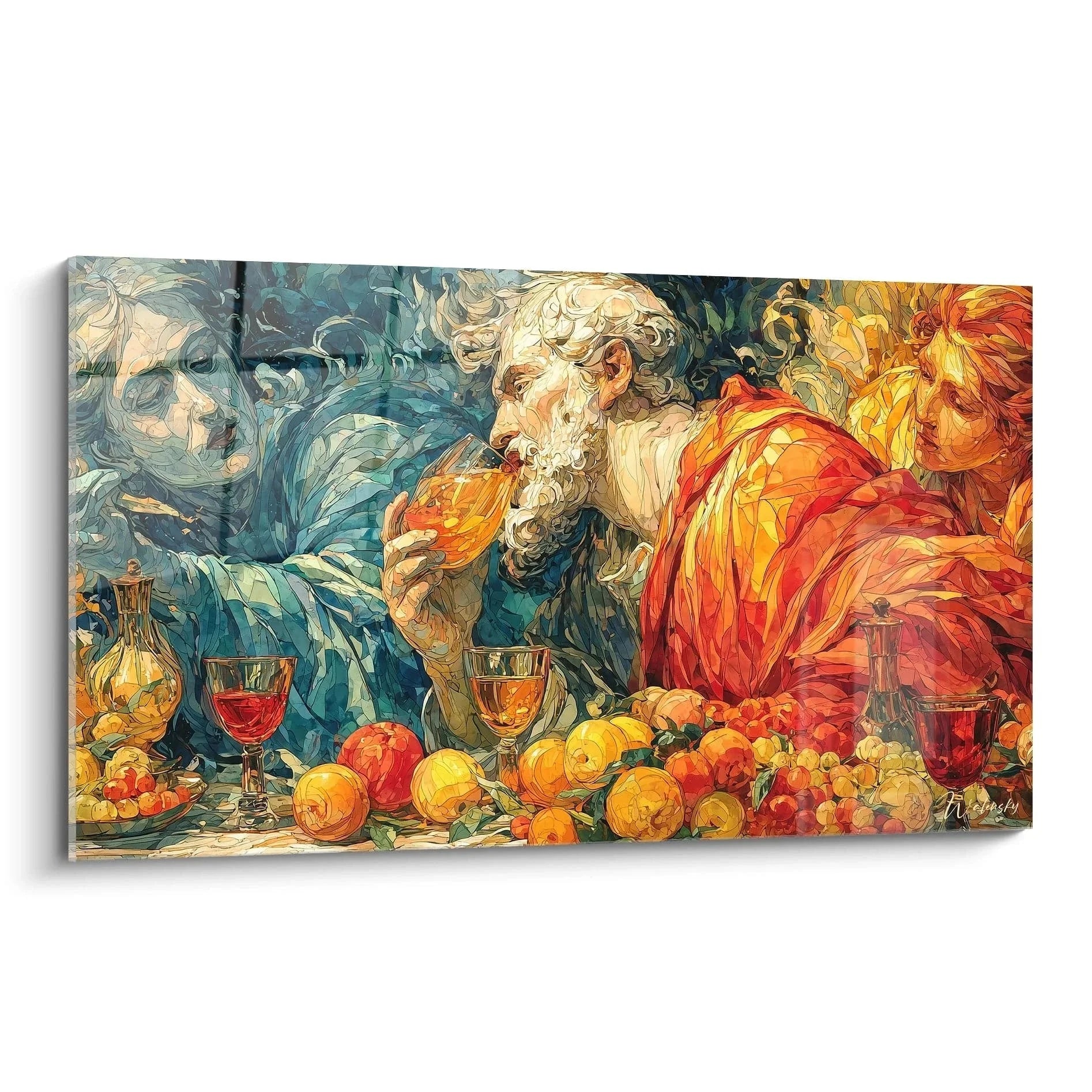 Wandbild Bacchus Festmahl Renaissance Stil mit drei Figuren und opulenter Fruchtdarbietung