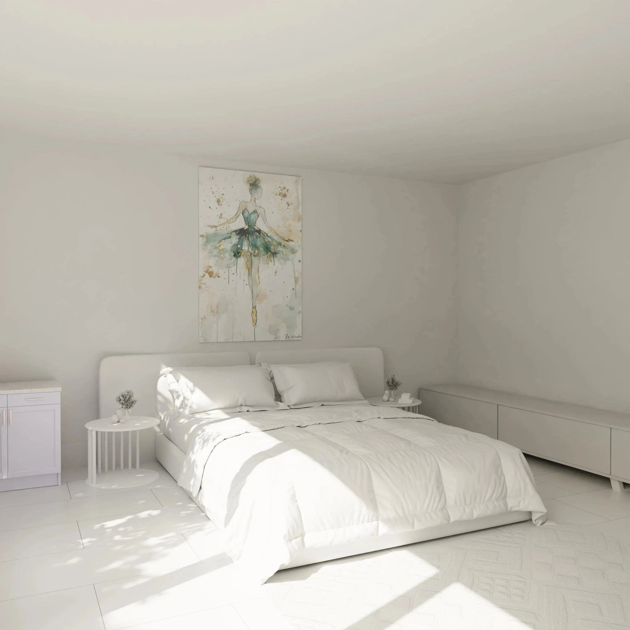 Wandbild Ballerina im Schlafzimmer, türkisblaue abstrakte Tänzerin als moderne Wanddekoration