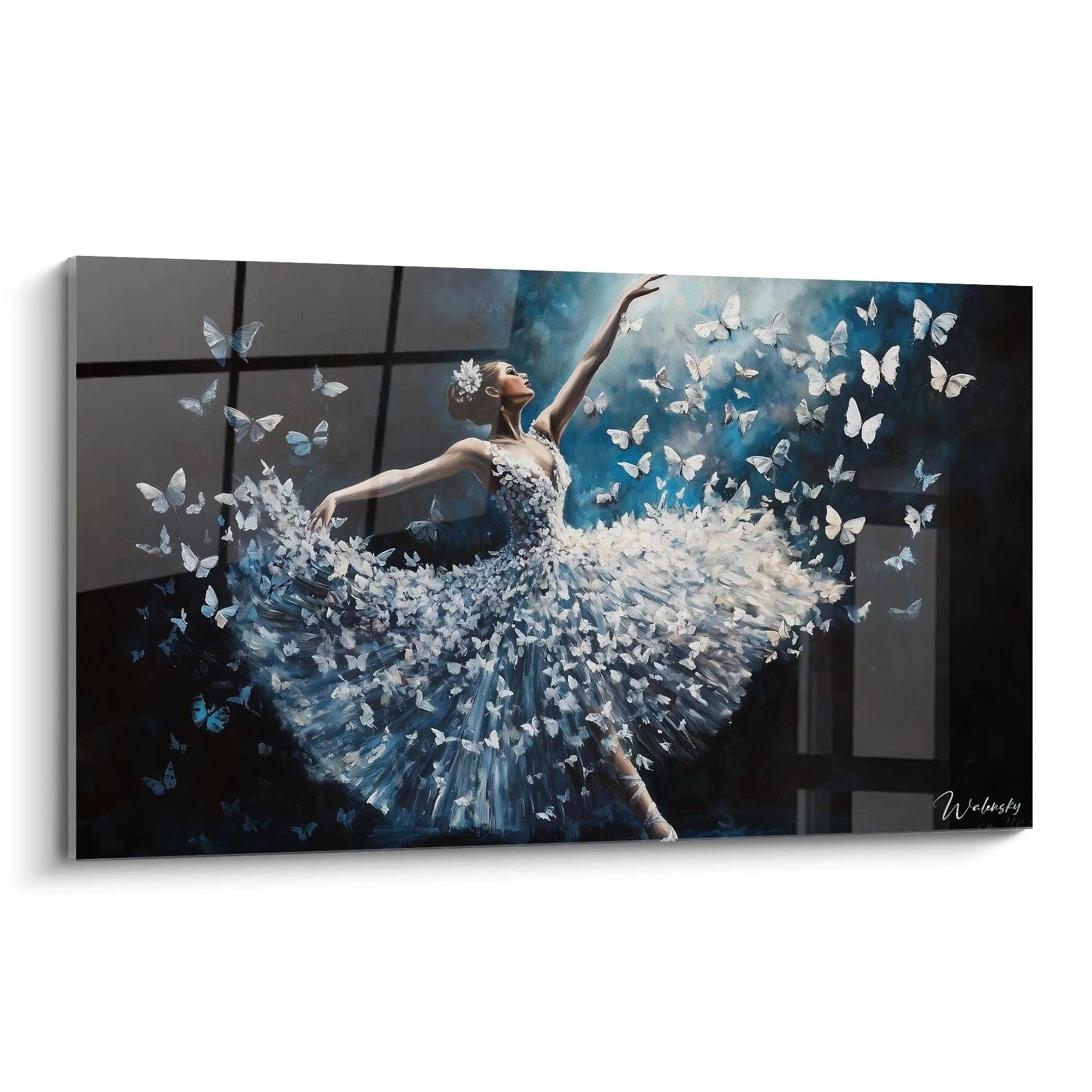 Wandbild Ballerina mit blauen Schmetterlingen, abstrakte Tänzerin in weißem Tutu, moderne Leinwandkunst