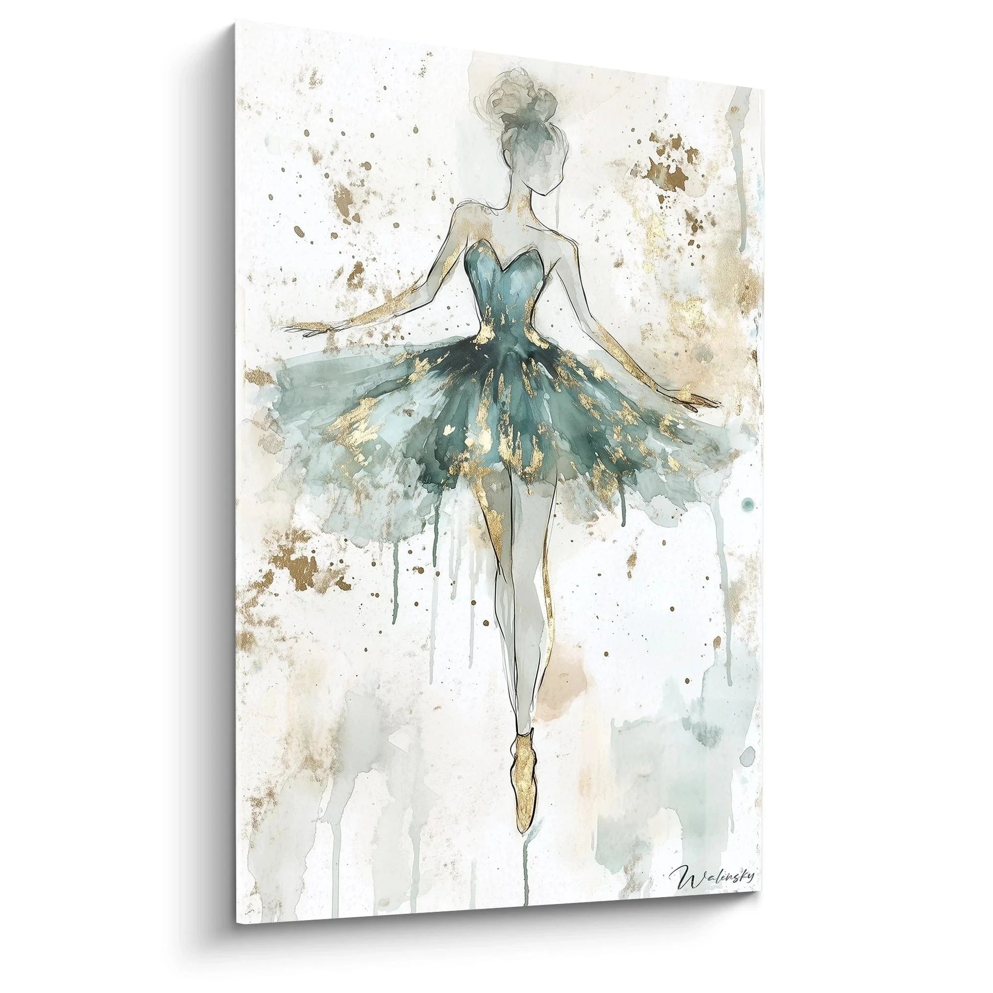 Wandbild Ballerina in türkisblauem Tutu, abstrakte Tänzerin Aquarell-Stil mit Goldakzenten