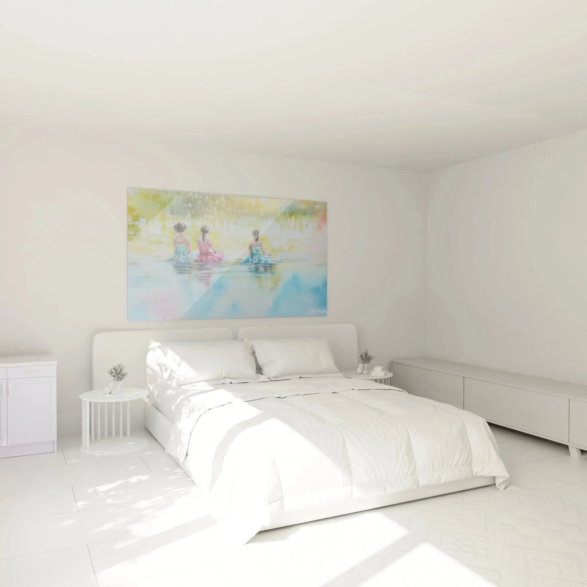 Wandbild Ballerinas Aquarell in modernem Schlafzimmer Ambiente