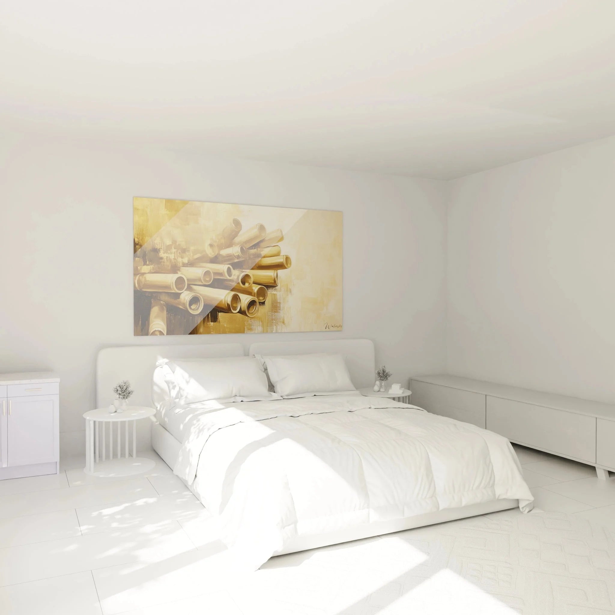 Wandbild Bambusrohre Schlafzimmer Ambiente goldene Töne figurative abstrakte Kunst