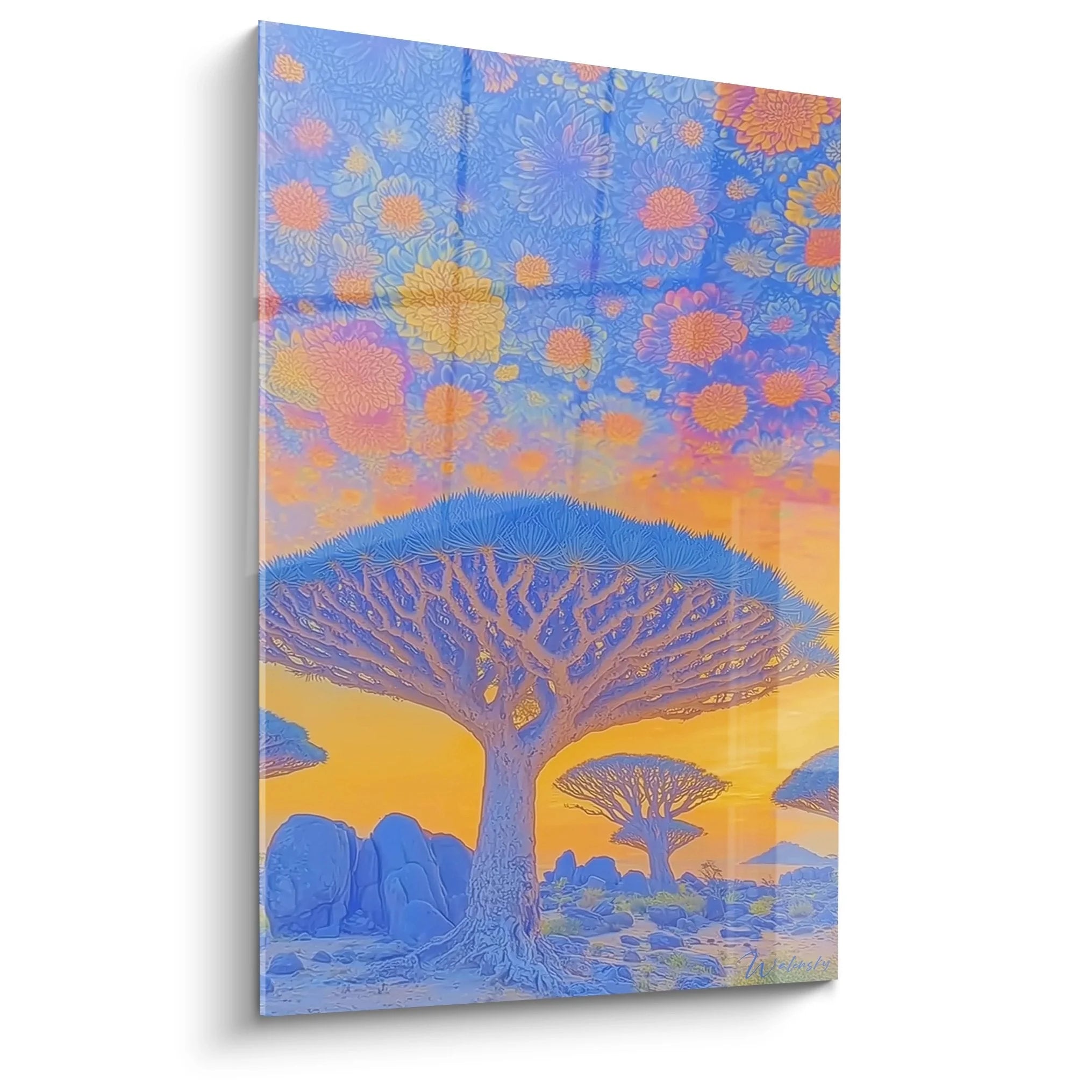 Wandbild afrikanischer Baobab Baum mit Elefanten in mystischer Savanne mit ornamentalem Himmel