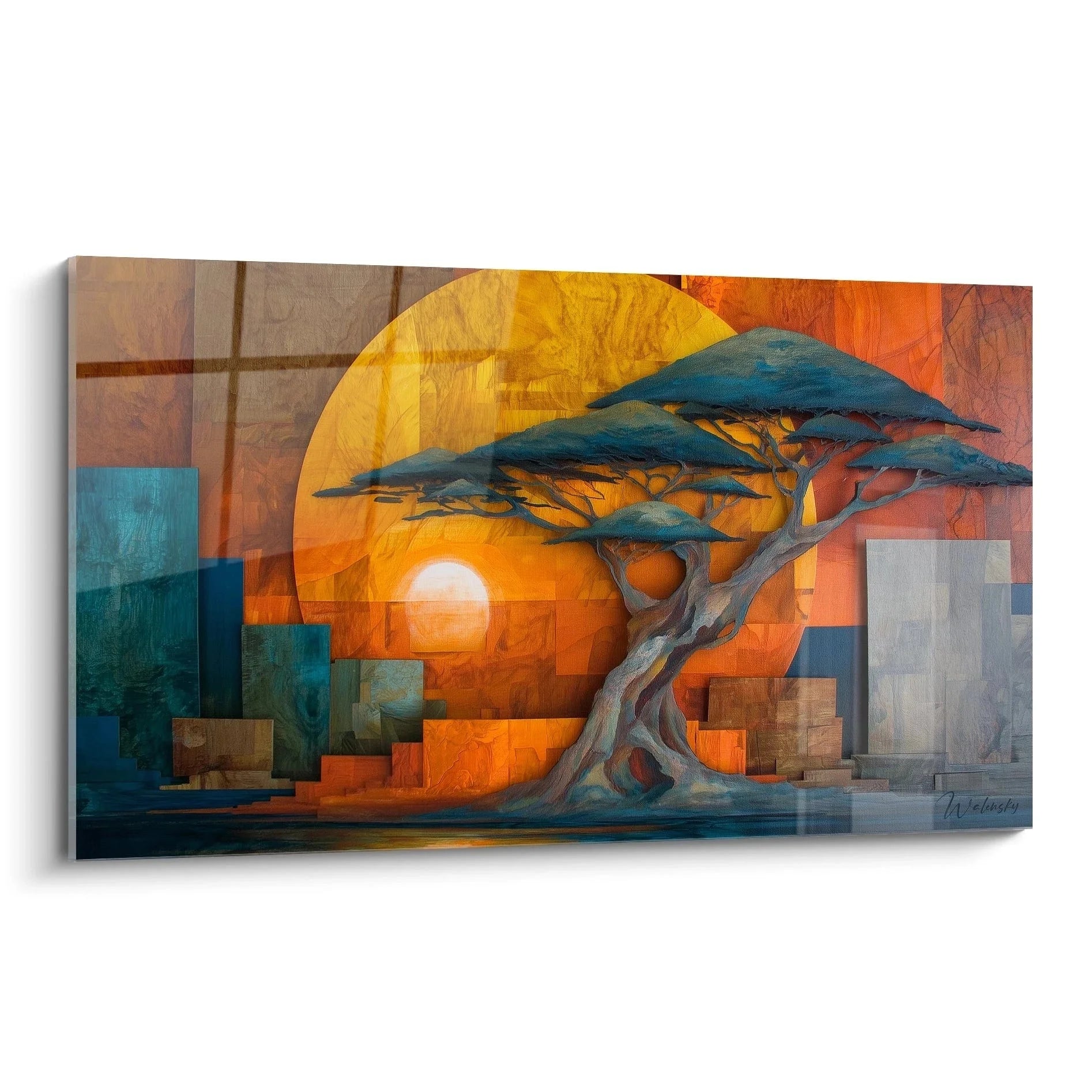 Wandbild Baobab Baum mit geometrischem Sonnenuntergang in warmen Orange- und kühlen Blautönen - moderne afrikanische Kunst