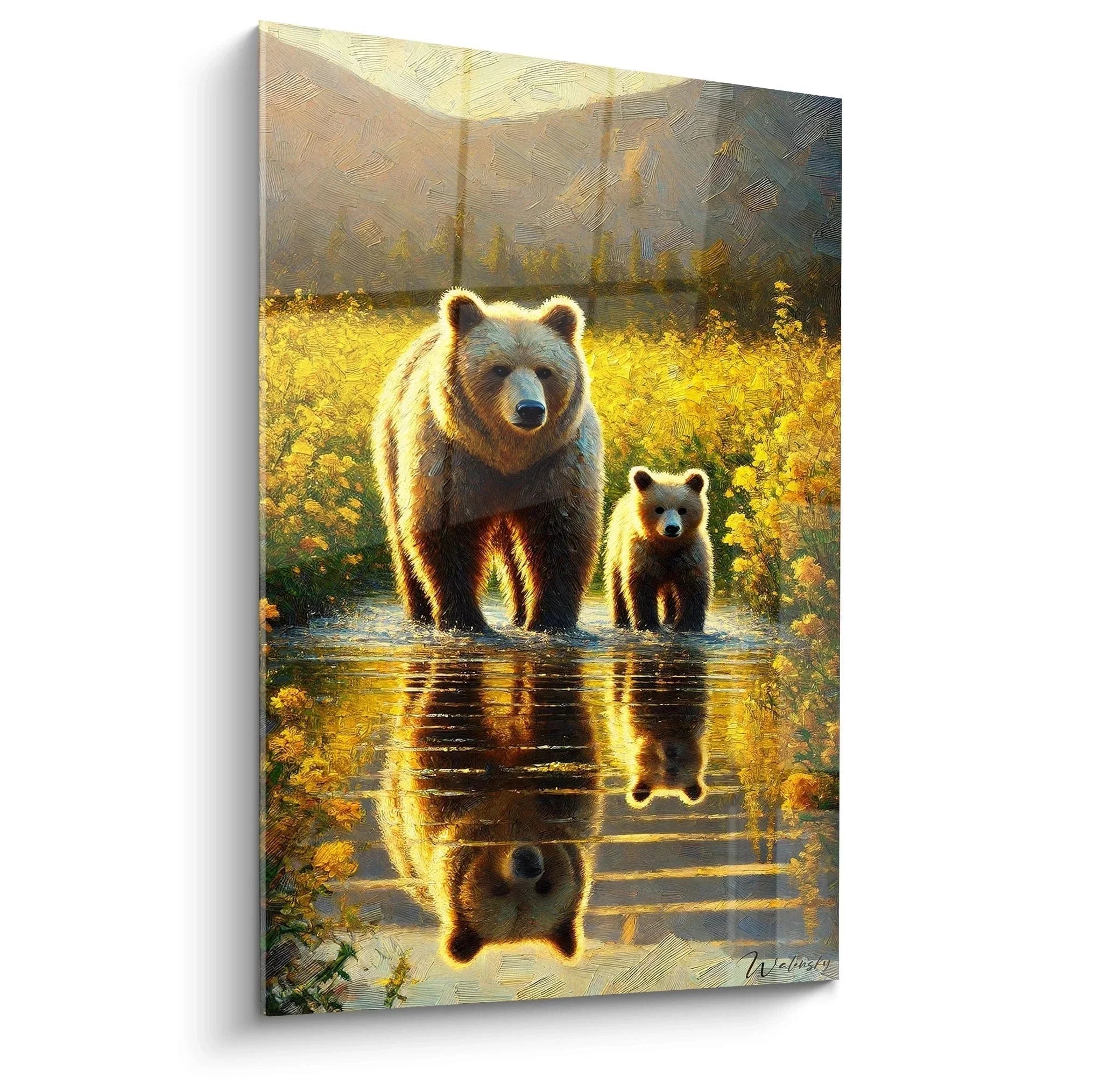 Wandbild Bärenfamilie am Bergsee mit goldener Spiegelung - Edition Braunbär Kunstdruck
