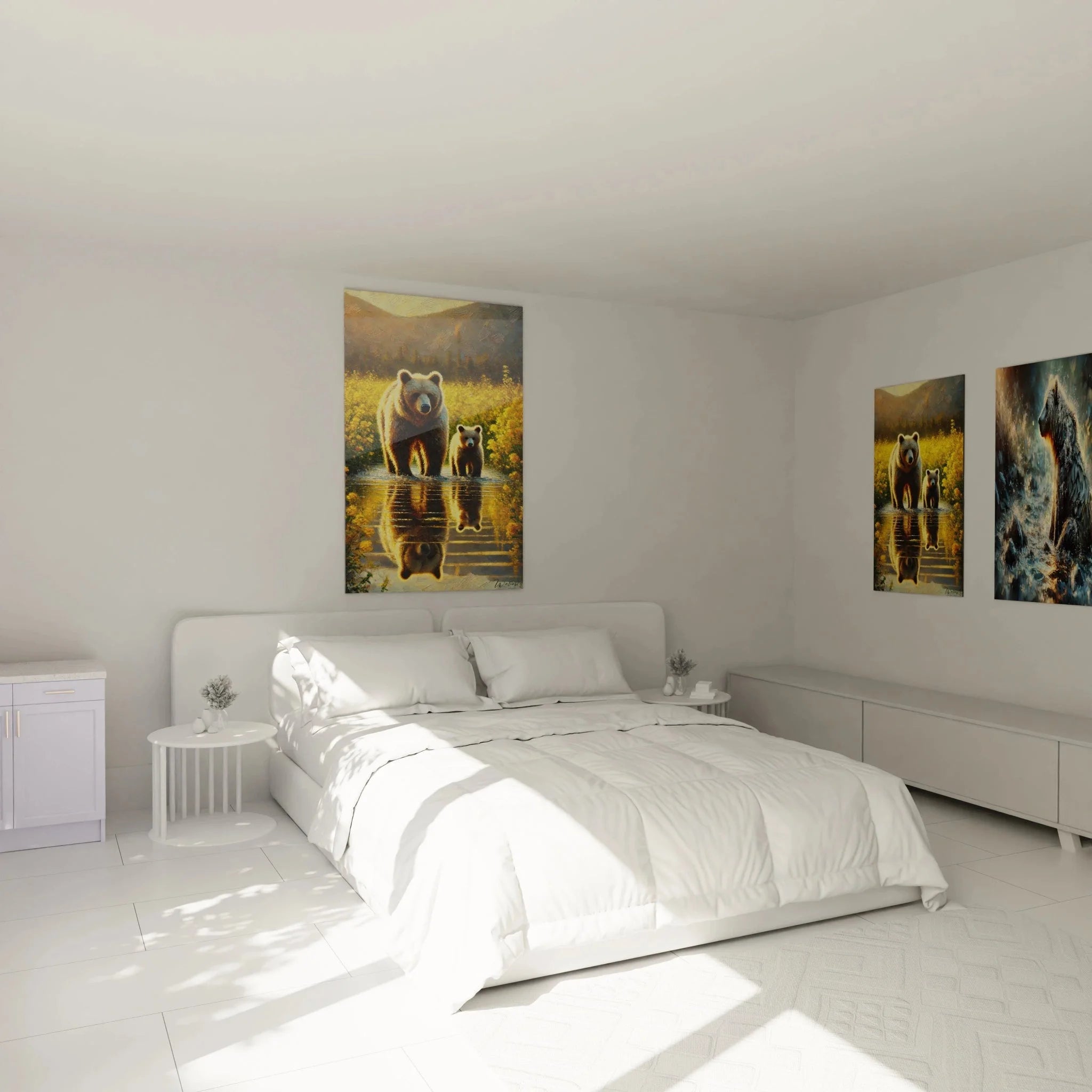 Wandbild Bärenfamilie Bergsee in Schlafzimmer Ambiente - warme Naturfarben Braunbär Dekoration