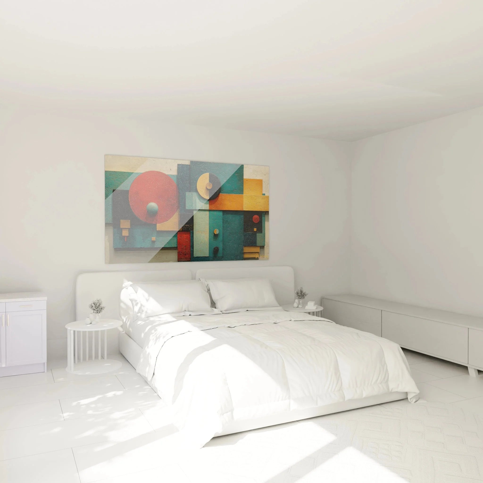 Wandbild Bauhaus geometrische Abstraktion als moderne Schlafzimmerdekoration mit warmen Farbtönen