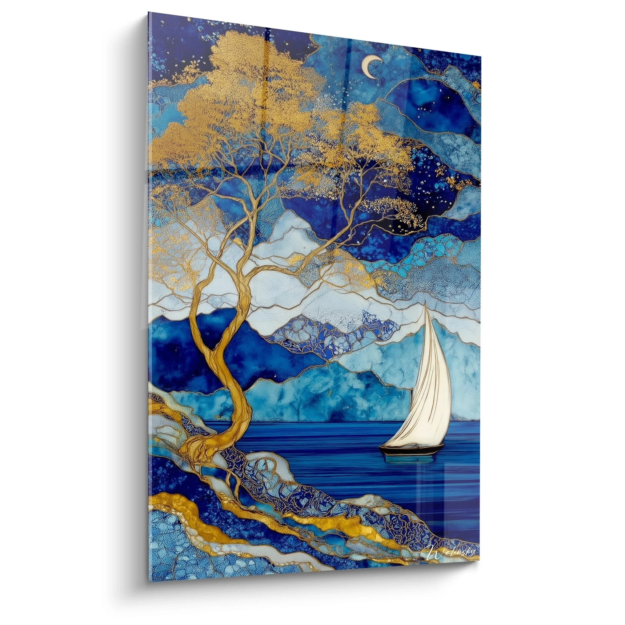 Wandbild goldener Lebensbaum am blauen See mit Segelboot und Mondschein in abstrakter Landschaft
