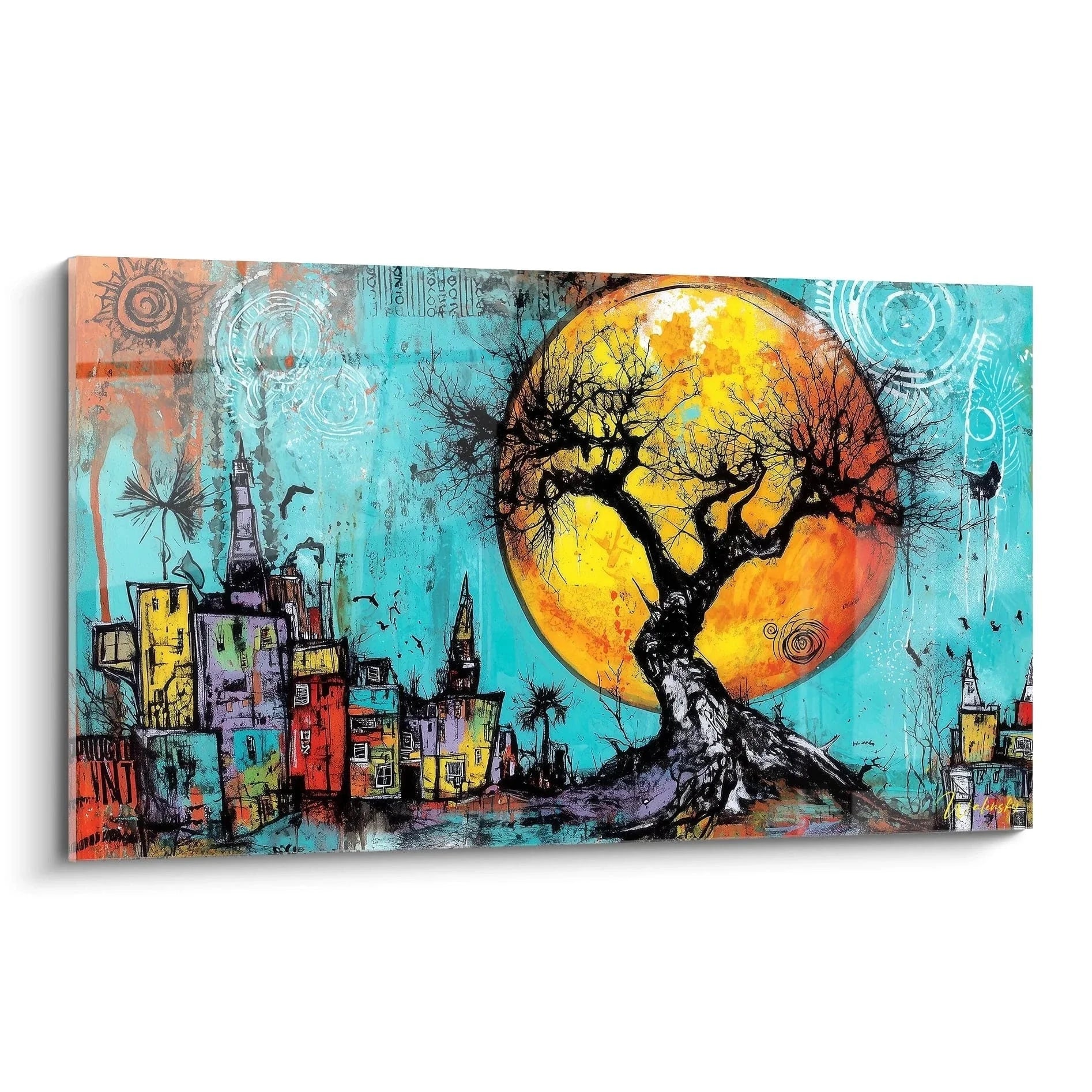 Wandbild Baum des Lebens vor afrikanischer Stadt mit Vollmond in türkis-orange Farbtönen