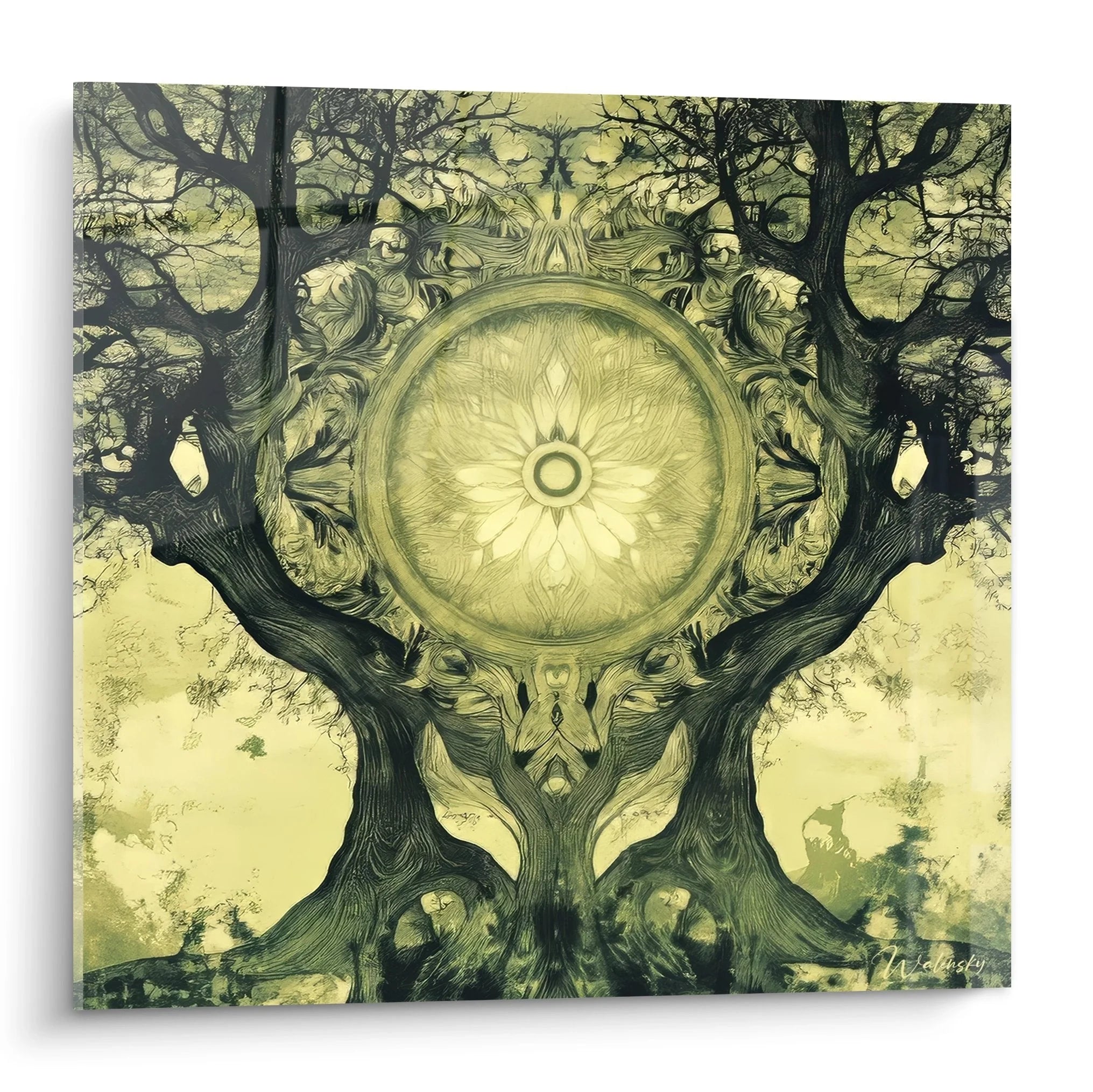 Mystisches Wandbild Baum des Lebens mit goldenem Mandala in symmetrischer Fraktal-Komposition