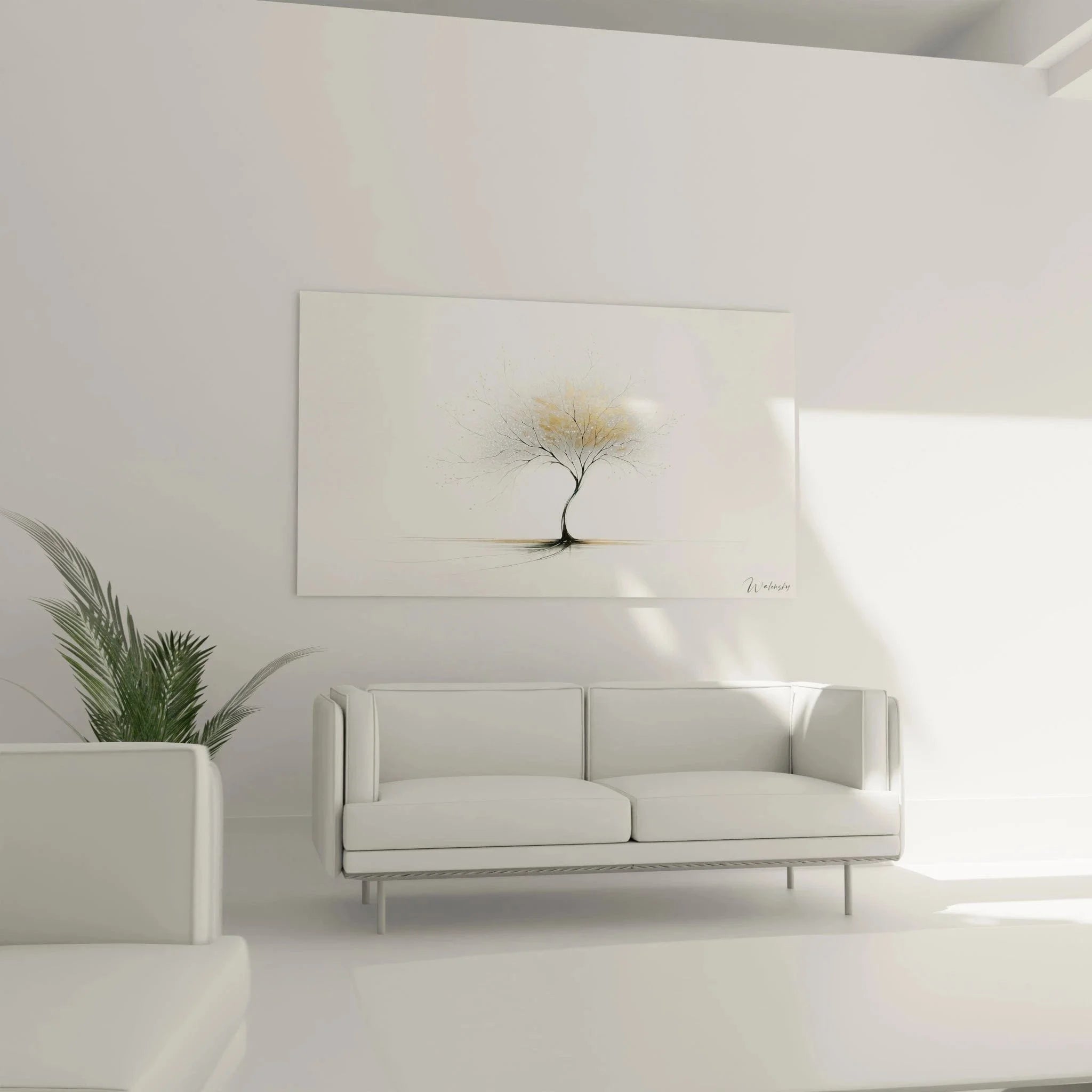 Nahaufnahme Wandbild Baum Detail - Goldene Farbakzente und filigrane Äste in hochwertiger Druckqualität